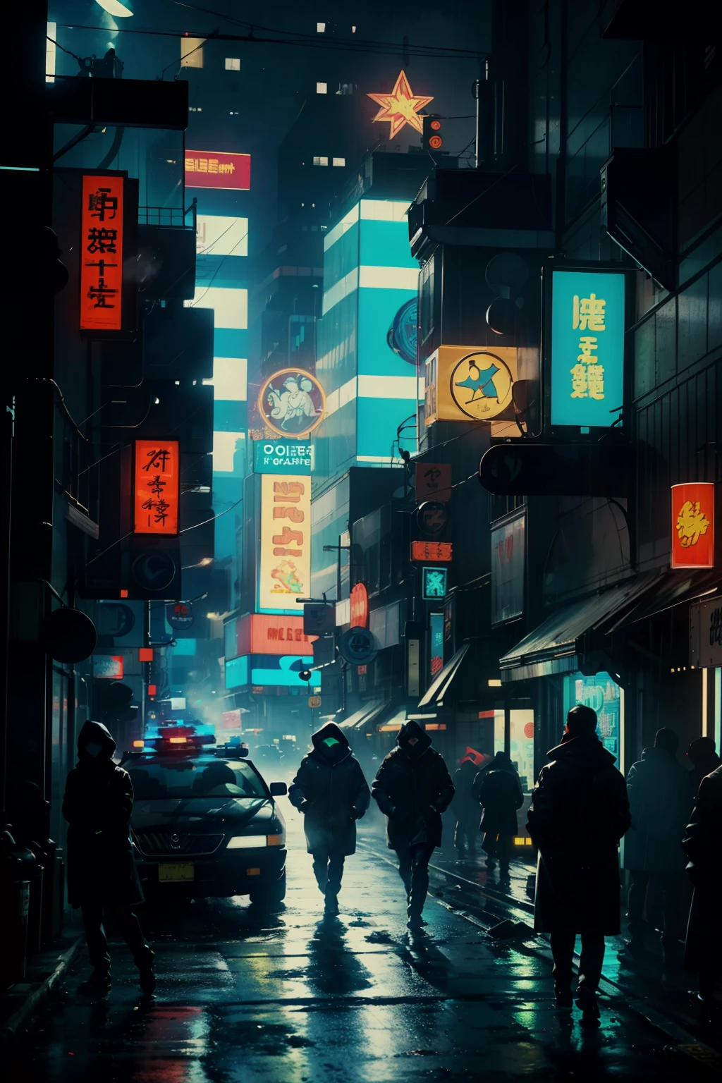 ((highest quality)), ((masterpiece)), (be familiar with), (High definition), (Accurate), (Realistic), (Cinematic), (Best Shadow), (Low contrast), (8K), Perfect Face, ((SYD MEAD style)), manga、mangaデザイン、Storyboard、Frame division、(On the runの女性)、(Replicant), (Black Hair, very short hair, Blue Eyes, Police black hooded raincoat), (He is watching the police from the shadows.)、On the run、(Two police officers from the Metropolitan Police Department)、(Glittering neon signs)、congestion, congestion, Decadent Future City, NEO TOKYO, A.D.2051, (steam:1.2), It's raining white, evening,