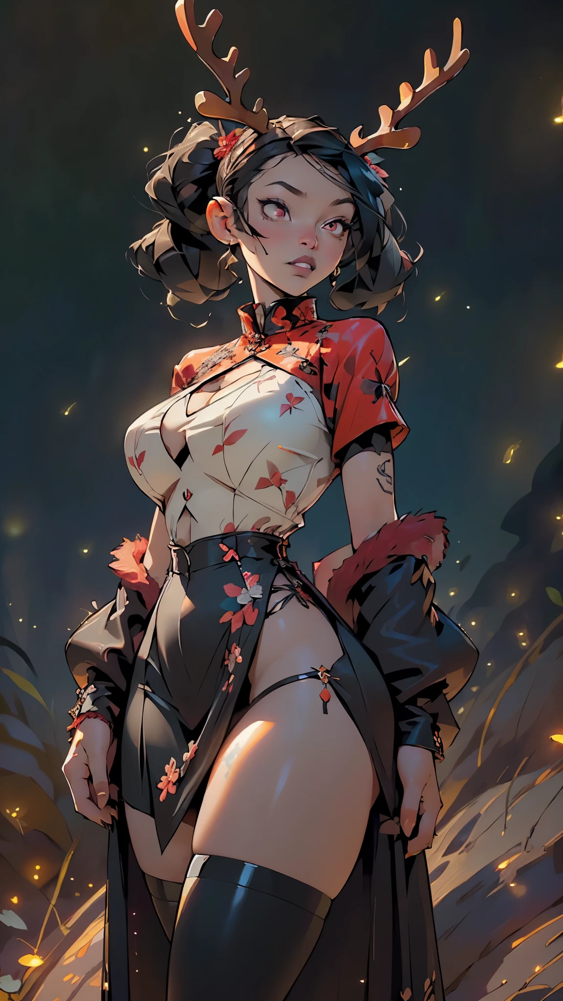 gothic reindeer girl,(((1girl))),((extremely cute and beautiful black hair anime gothic reindeer girl)),

(((anthro furry:1.2), Playboy_Reindeer, reindeer_antlers,(huge antlers:1.5,dear antlers:1.5,blooming antlers:1.5))),(large breasts:1.4),saggy breasts,((((black hair:1.4,hi-top fade Haircut:1.5,hi-top fade:1.5,Mohawk:1.5,ear breathing)))),(((red_eyes:1.3))),intricate eyes,beautiful detailed eyes,symmetrical eyes,big eyes:1.5,(((lustrous skin:1.5,bright skin: 1.5,skin tanned,shiny skin,very shiny skin,shiny body,plastic glitter skin,exaggerated shiny skin,illuminated skin))),(spider lower abdomen,narrow waist,wide hip,athletic body,inflated legs,thick thighs,detailed body,(detailed face)),((muscle legs,muscular thighs,muscular girl,strong and muscular,muscular,feminine and muscular,huge stature,tall stature,very tall girl,(ABS:1.5))),

cute,slutty,seductive,erotic,(((nsfw))),

zettai ryouiki,revealing clothing,show skin,(((Sexy goth fur coat, goth fur coat outfit,wearing a goth fur coat:1.3,dark red coat))),((red goth mini-skirt,red goth mini skirt,visible thong straps, navel)),((underpants strap)),(red gothic clothes,semi-naked,with little goth clothing),((((Black Eyeshadow,Thick Black Eyeliner,Long Dramatic Eyelashes,Black Lips))),(((intricate outfit,intricate clothes,embroidered outfit,ornate outfit))),

(dynamic pose:1.0),embarrassed,(centered,scale to fit dimensions,Rule of thirds),

((((many fireflies,fireflies,glowing fireflies,fireflies in the background)))),

((deep and dark cavern)),(mysterious lights in the background, stalagmites, stalactites),scenery:1.25,intricate scenery,((deep and dark cavern background)),

(Glossy ornaments),highres,sharp focus,(ultra detailed,extremely detailed),(photorealistic artwork:1.37),(extremely detailed CG unity 8k wallpaper),(((vibrant colors,vibrant theme))),(intricate),(masterpiece),(best quality),artistic photography,(photography taken by sldr),(intricate background),perfect rendered face,perfect face details,realisti