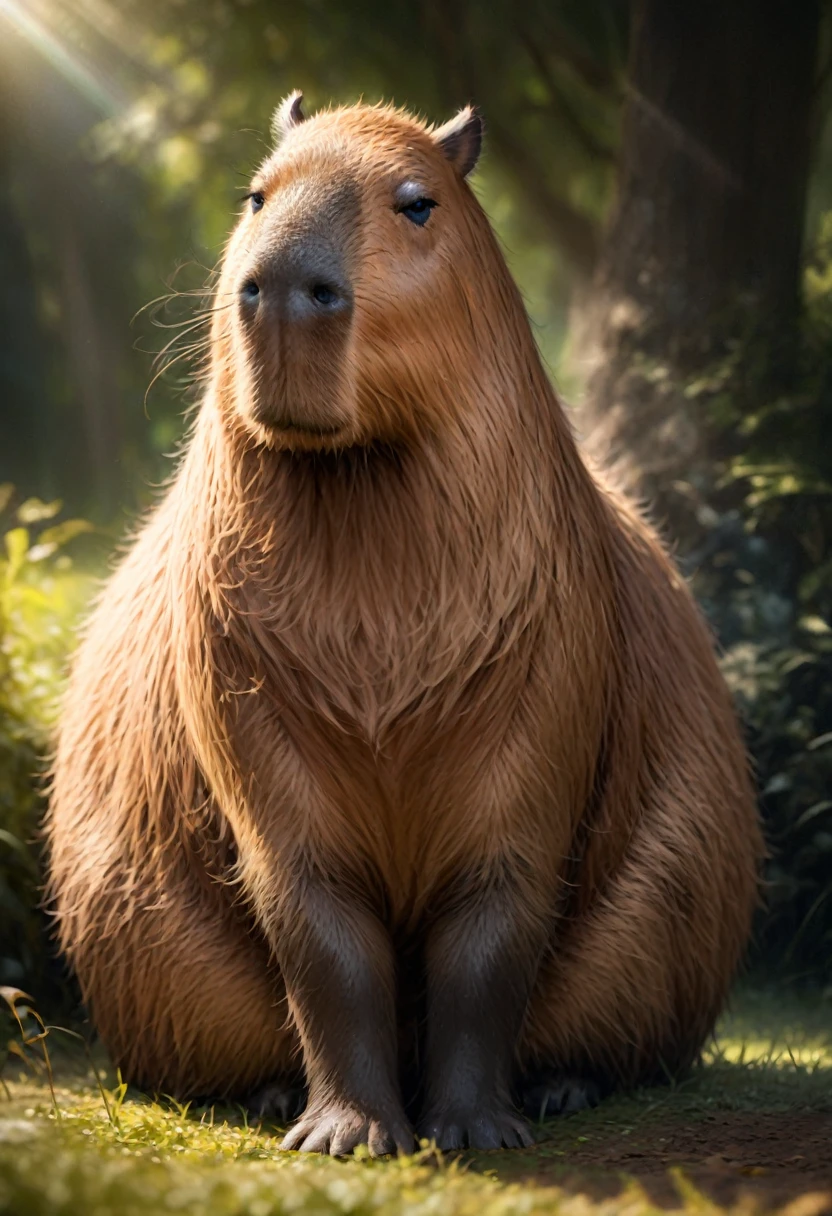A Capybara, (best quality, realistic:1.2),peaceful,capybara,capybara in a grassy field,brown furry capybara,brown fur,big round eyes, soft lighting,gentle shadows,sitting quietly relaxed,capybara sitting, nature animals,grassy field,green grass,bright sunny warm, realistic detailed artwork,detailed fur texture,high-res image,capturing every strand of fur, peaceful atmosphere,tranquil scene,serene, soft and calming colors,earth tones,brown and green color palette, blissful expression,content and at ease,capybara's relaxed posture, nature-inspired lighting effect,subtle sunlight filtering through the trees, immersive artwork,feeling as if you can reach out and touch the capybara's fur.