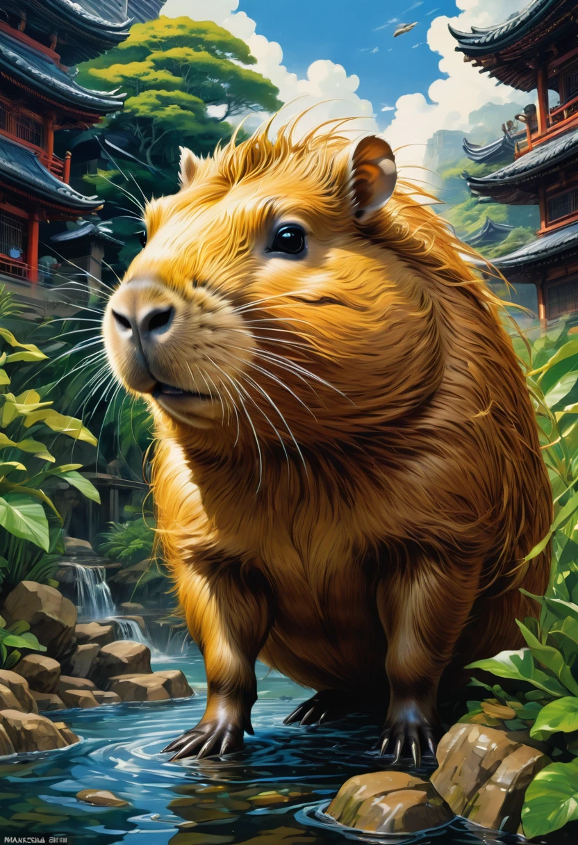 a capybara, by Masamune Shirow, best quality, masterpiece, very aesthetic, perfect composition, intricate details, ultra-detailed