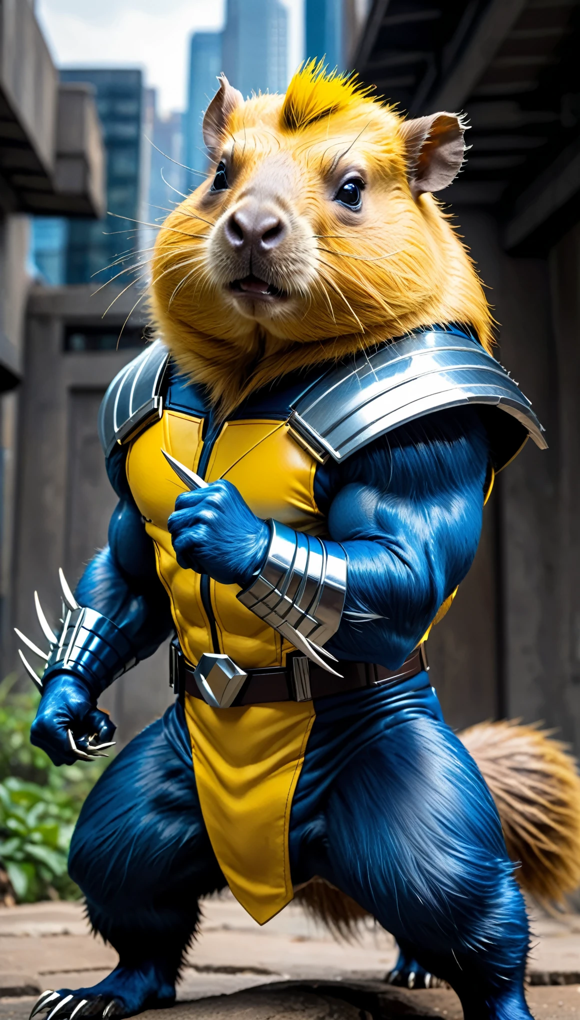 capybara as x-men wolverine, protruding metal claws, (best quality,ultra-detailed,realistic:1.37),comic book style,yellow and blue costume,strong built,ferocious expression (best quality,ultra-detailed,realistic:1.37),comic book style,yellow and blue costume,strong built,ferocious expression