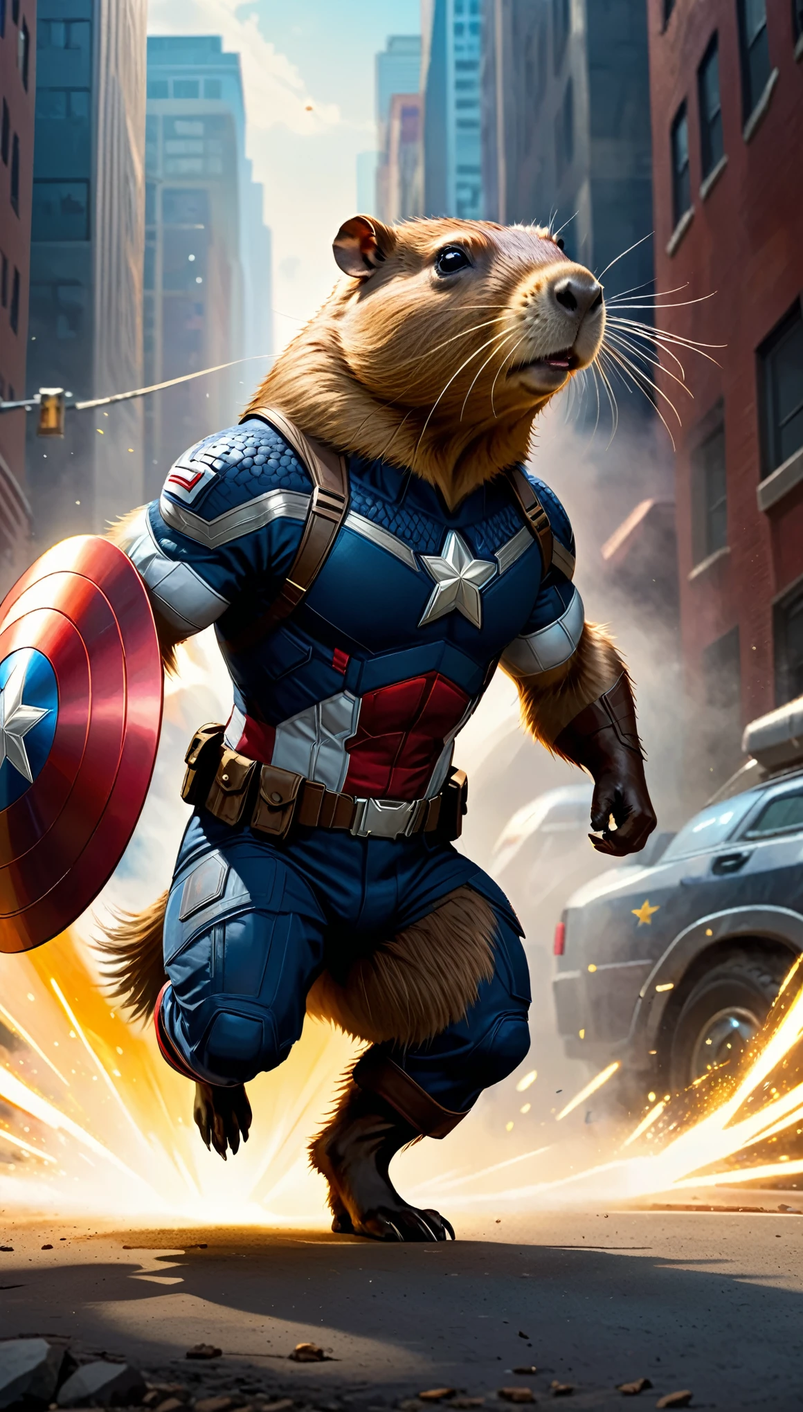 (best quality, ultra-detailed), (photorealistic:1.37), capybara, captain america, captain america outfit, captain america shield, vivid colors, medium:comic-inspired, portrait style, energetic background, superhero pose, vibrant lighting, patriotic color palette, detailed fur texture, heroic expression, confident stance, action-packed scene, dynamic composition, iconic symbol, intense shadow, powerful presence, iconic superhero, muscular physique, determined look, intense gaze, bold lines, dramatic lighting, explosive energy, energetic brushstrokes, lively atmosphere