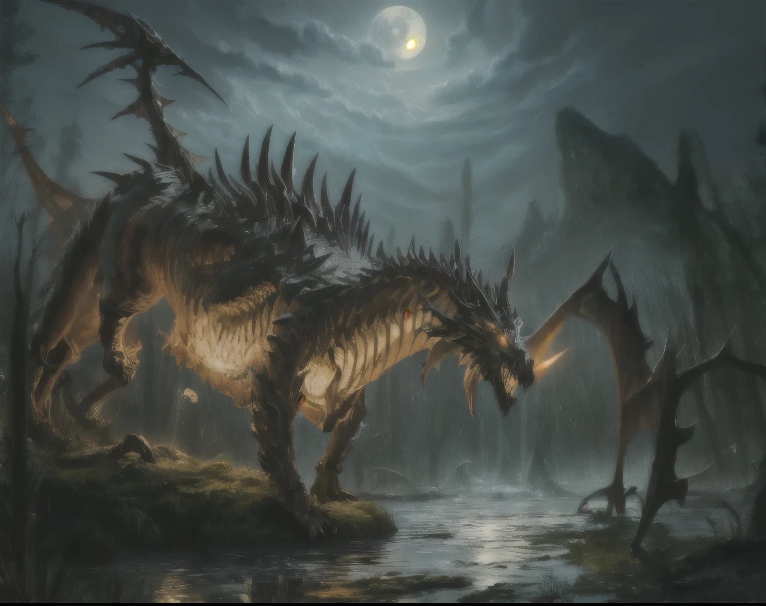 Bone dragon in the dark swamp at night,
(masterpiece),  highest quality, High resolution, 4K, 8k, Detail view, Intricate details, Cinema Lighting, Great quality, Great shade, Soft lighting 