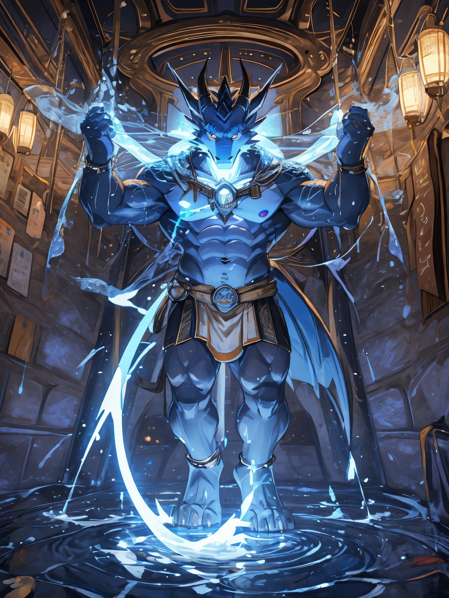 masterpiece, Anthropomorphic blue dragon, White belly,There is a pair of beautiful dragon horns, blue dragon scales,1 tail, very muscular body, nice,Water magic,Water system
