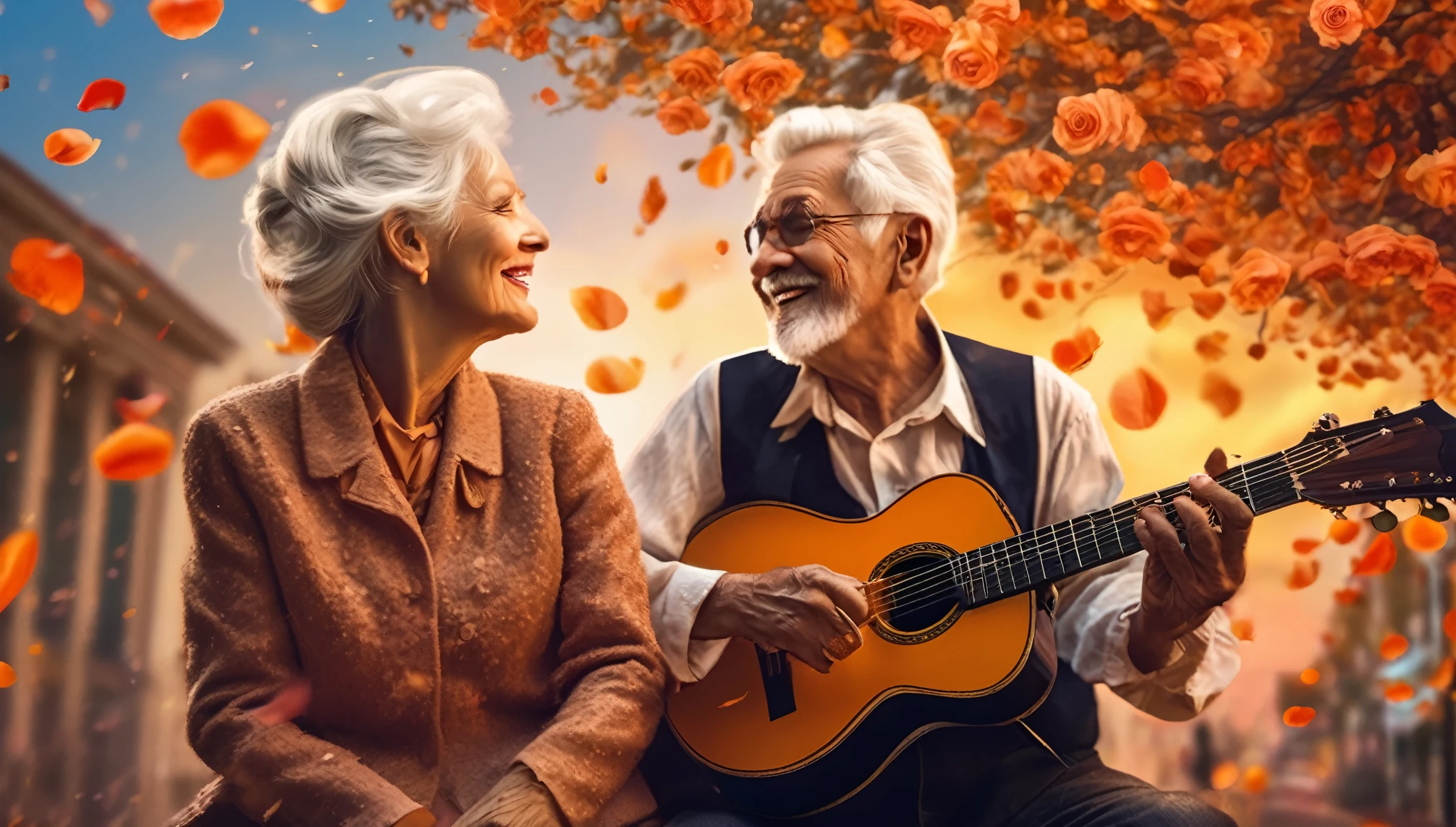 ((best quality)), ((masterpiece)),(detail), perfect face, full body shot of a old couple playing the guitarat on an autumn night, western street, street lights flickering, white hair, rose petals flying across the sky, with setting sun, romantic style, retro vintage and romanticism, blurred background image, sunset light, golden sunshine, roses, very lots of flying flower petals, rose petals stuck in hair, warm orange background color, subject takes up 1/3 of the frame, hyper-realistic photos, 8k, ultra high resolution, sharp faces
