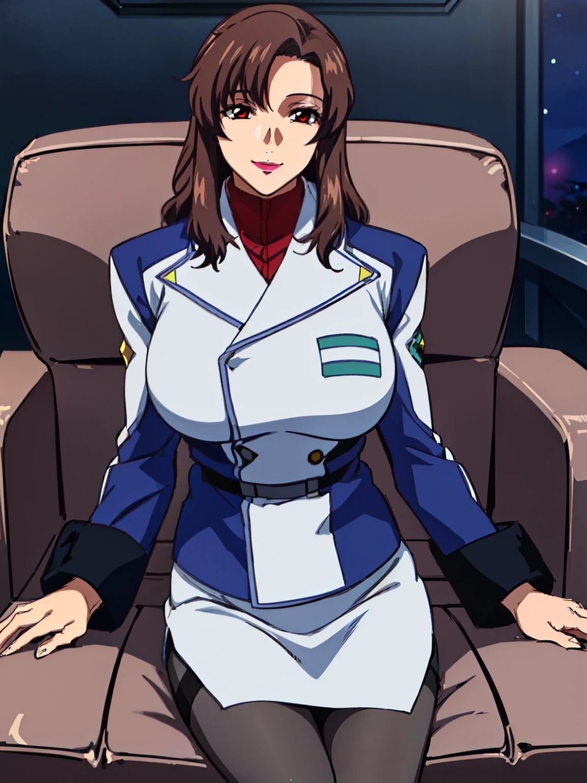 (Night:1.7),a space battleship in space, sitting on a White_armchair, military uniform, military,jacket,blue and white uniform,Skirt, (black_pantyhose:1.3), Murrue Ramius, mature woman, anime cels style, best quality, high resolution, 1girl, (huge breasts:1.2), beautiful face, Beautiful Finger, Beautiful long legs, Beautiful body, Beautiful Nose,Beautiful character design, bangs, brown hair, long hair, red eyes, lipstick, makeup, (cowboy shot), smiling, looking at viewer