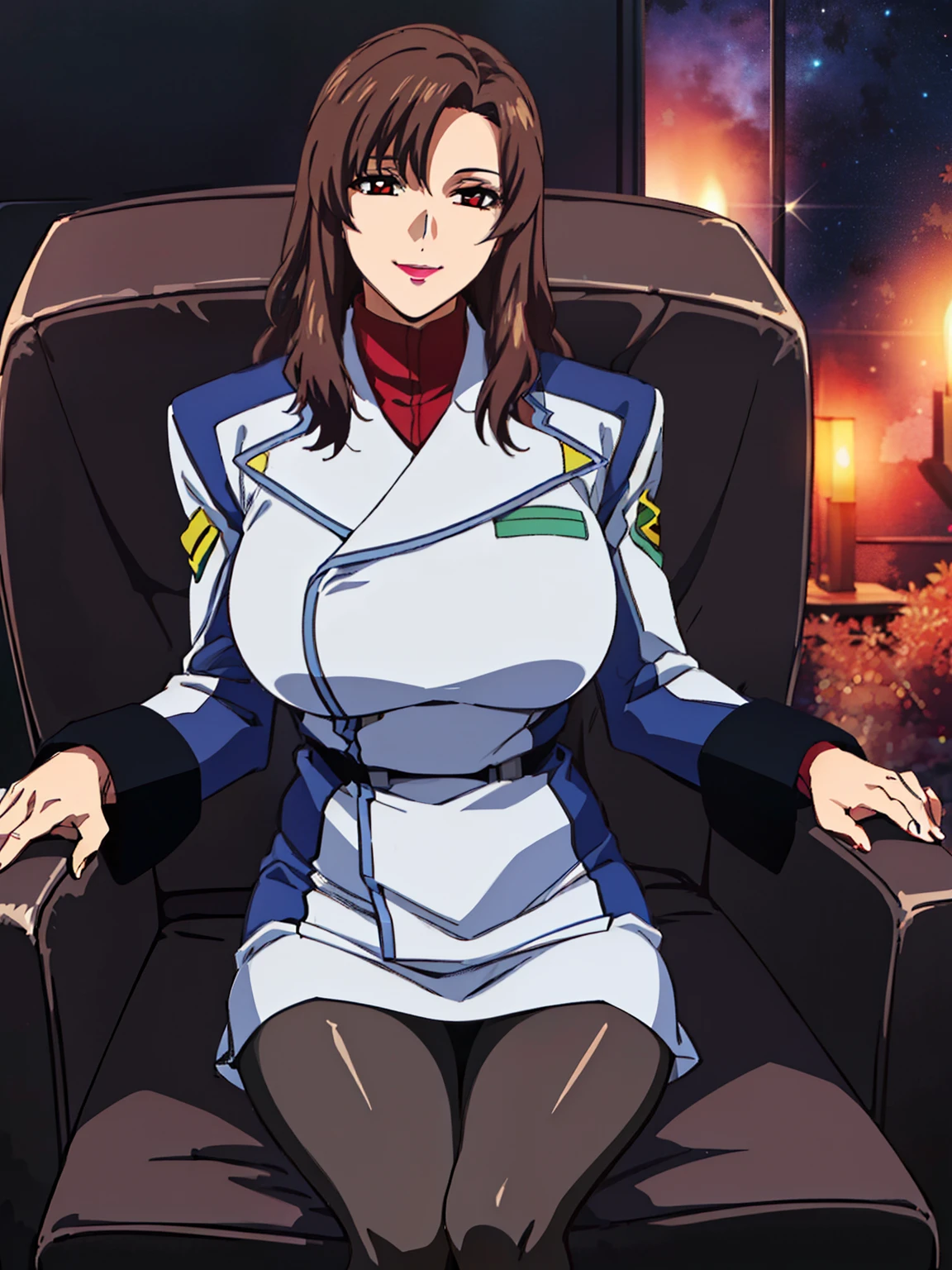 (Night:1.7),a space battleship in space, sitting on a White_armchair, military uniform, military,jacket,blue and white uniform,Skirt, (black_pantyhose:1.3), Murrue Ramius, mature woman, anime cels style, best quality, high resolution, 1girl, (huge breasts:1.2), beautiful face, Beautiful Finger, Beautiful long legs, Beautiful body, Beautiful Nose,Beautiful character design, bangs, brown hair, long hair, red eyes, lipstick, makeup, (cowboy shot), smiling, looking at viewer