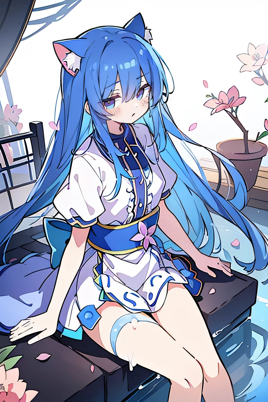 (masterpiece:1.2),Super detailed,Practical,expressive eyes,Fair skin,Perfect face shaping,1 Girl,
Japanese cartoons,Gorgeous blue hair, the long flowing blue hair,Floating clothes,Cat ears,Petals falling,beautiful lola,Young Angel,
Hands on waist,sit elegantly on the ground,Cross your legs,Gentle and peaceful background,Cool and cozy pavilion.