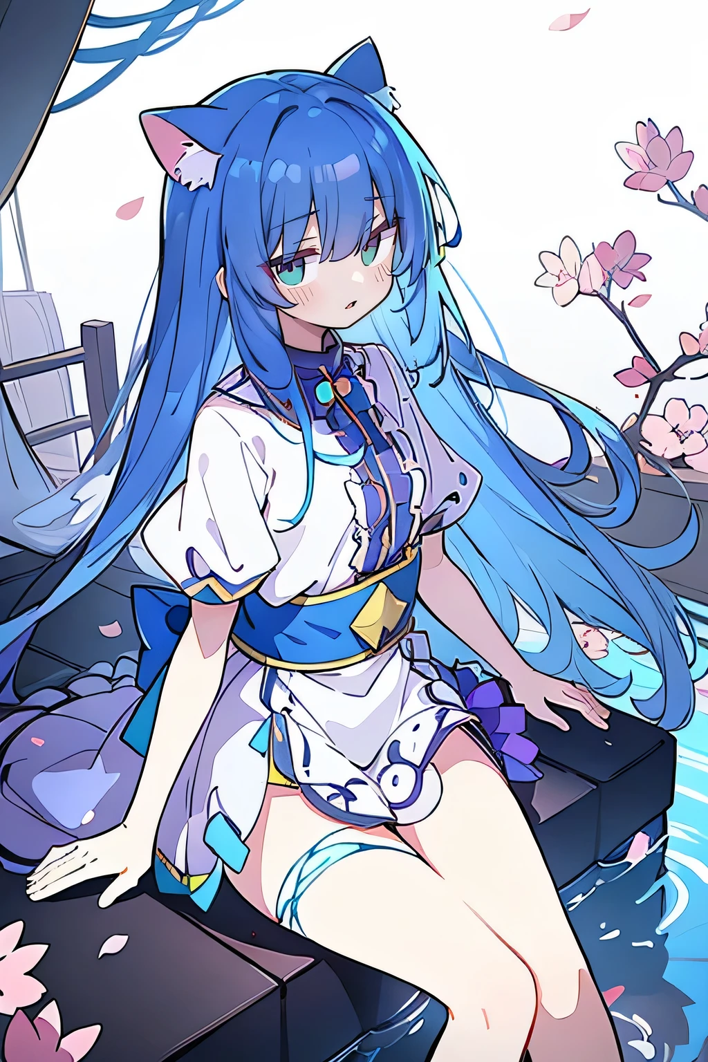 (masterpiece:1.2),Super detailed,Practical,expressive eyes,Fair skin,Perfect face shaping,1 Girl,
Japanese cartoons,Gorgeous blue hair, the long flowing blue hair,Floating clothes,Cat ears,Petals falling,beautiful lola,Young Angel,
Hands on waist,sit elegantly on the ground,Cross your legs,Gentle and peaceful background,Cool and cozy pavilion.