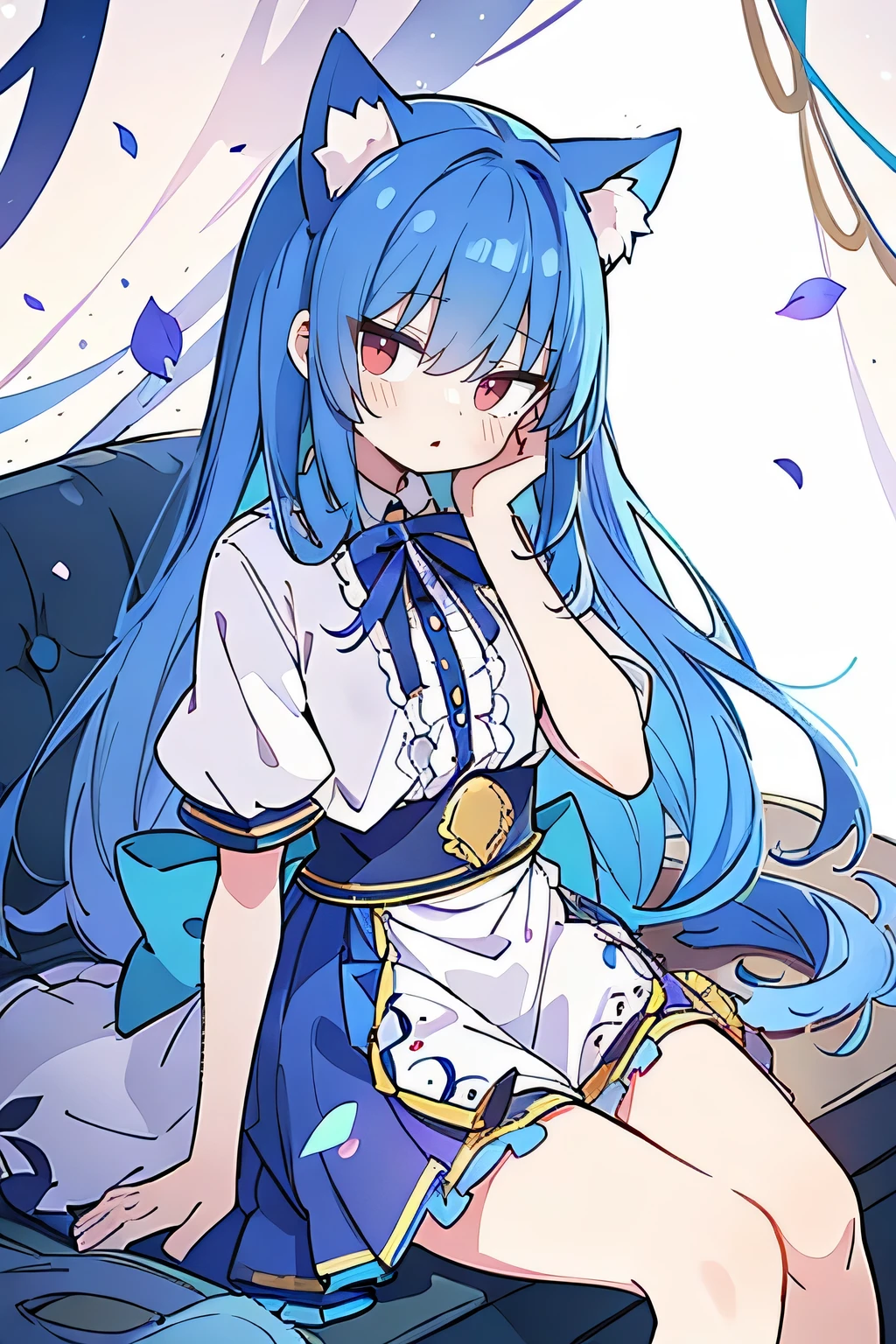 (masterpiece:1.2),Super detailed,Practical,expressive eyes,Fair skin,Perfect face shaping,1 Girl,
Japanese cartoons,Gorgeous blue hair, the long flowing blue hair,Floating clothes,Cat ears,Petals falling,beautiful lola,Young Angel,
Hands on waist,sit elegantly on the ground,Cross your legs,Gentle and peaceful background,Cool and cozy pavilion.