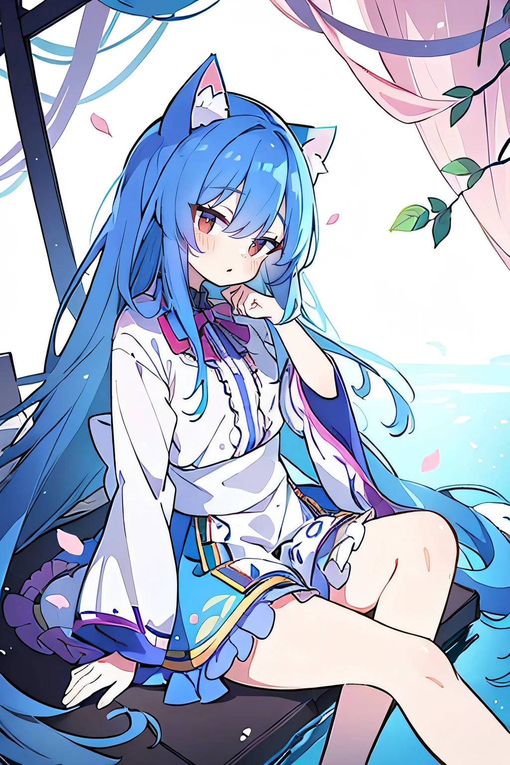 (masterpiece:1.2),Super detailed,Practical,expressive eyes,Fair skin,Perfect face shaping,1 Girl,
Japanese cartoons,Gorgeous blue hair, the long flowing blue hair,Floating clothes,Cat ears,Petals falling,beautiful lola,Young Angel,
Hands on waist,sit elegantly on the ground,Cross your legs,Gentle and peaceful background,Cool and cozy pavilion.