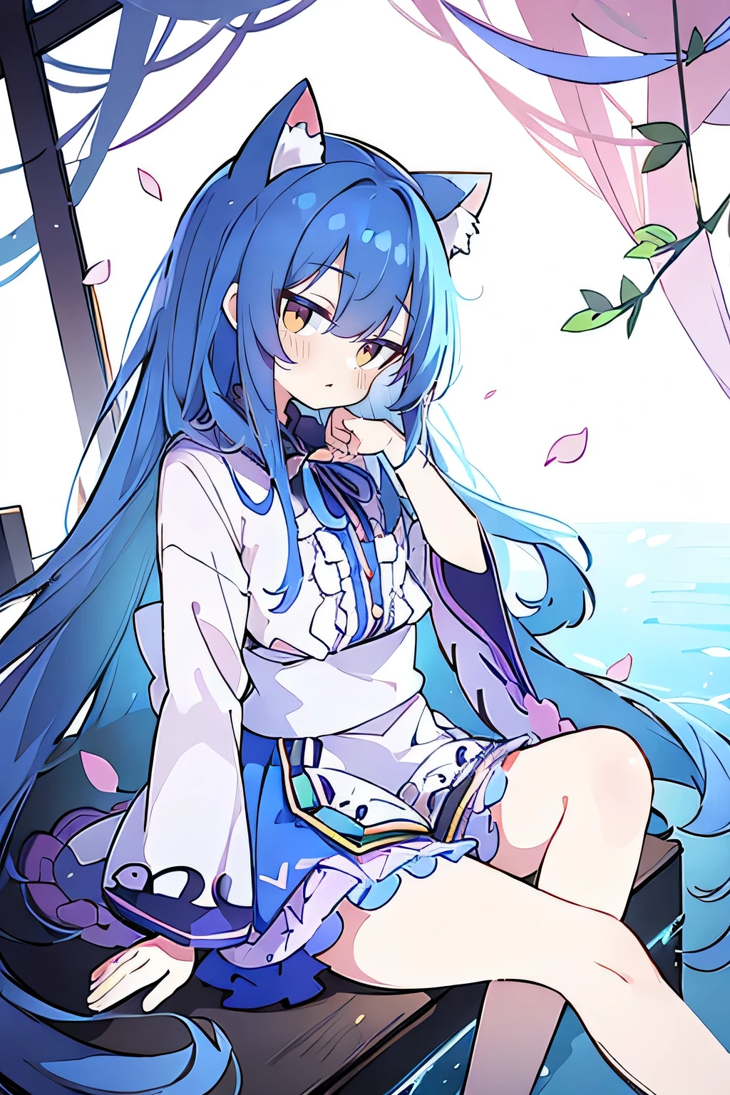 (masterpiece:1.2),Super detailed,Practical,expressive eyes,Fair skin,Perfect face shaping,1 Girl,
Japanese cartoons,Gorgeous blue hair, the long flowing blue hair,Floating clothes,Cat ears,Petals falling,beautiful lola,Young Angel,
Hands on waist,sit elegantly on the ground,Cross your legs,Gentle and peaceful background,Cool and cozy pavilion.