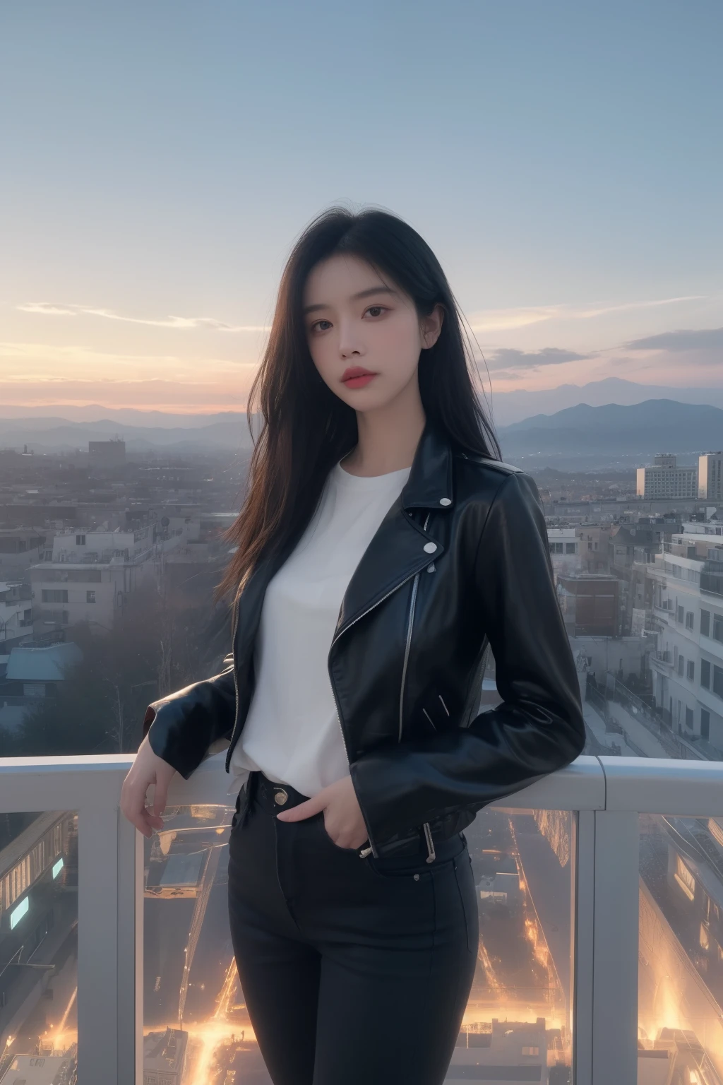 (masterpiece), Close Range,High Detail, high quality, Reality, Super detailed, Realistic skin texture, Perfect face, Elegant girl, Cool Girl,Beautiful hands, (giggle), Arrogant demeanor, (Full details Tuxedo set, Tight leather jacket,Skinny jeans,reflected light, Silver trim), white neon light, silver light, luminescent, Full lips, Glossy lips, Light makeup, hourglass body shape, Willow Waist, (Feel free to hairstyle, Expressive hair, Shiny hair, luminescent hair,black hair, (dusk sky, Mountain network construction,On the roof, Sunset Lights, cloud, Floating Island,There are many types of network architectures,Sci-fi background, High Detail background), Fantasy Art, high quality detailed art, A colorful combination of fantasy and reality, Internet Art Style, A beautiful fantasy smart girl, charming, Black and white color scheme, Standing ,Looking down from above,You can see the city below,