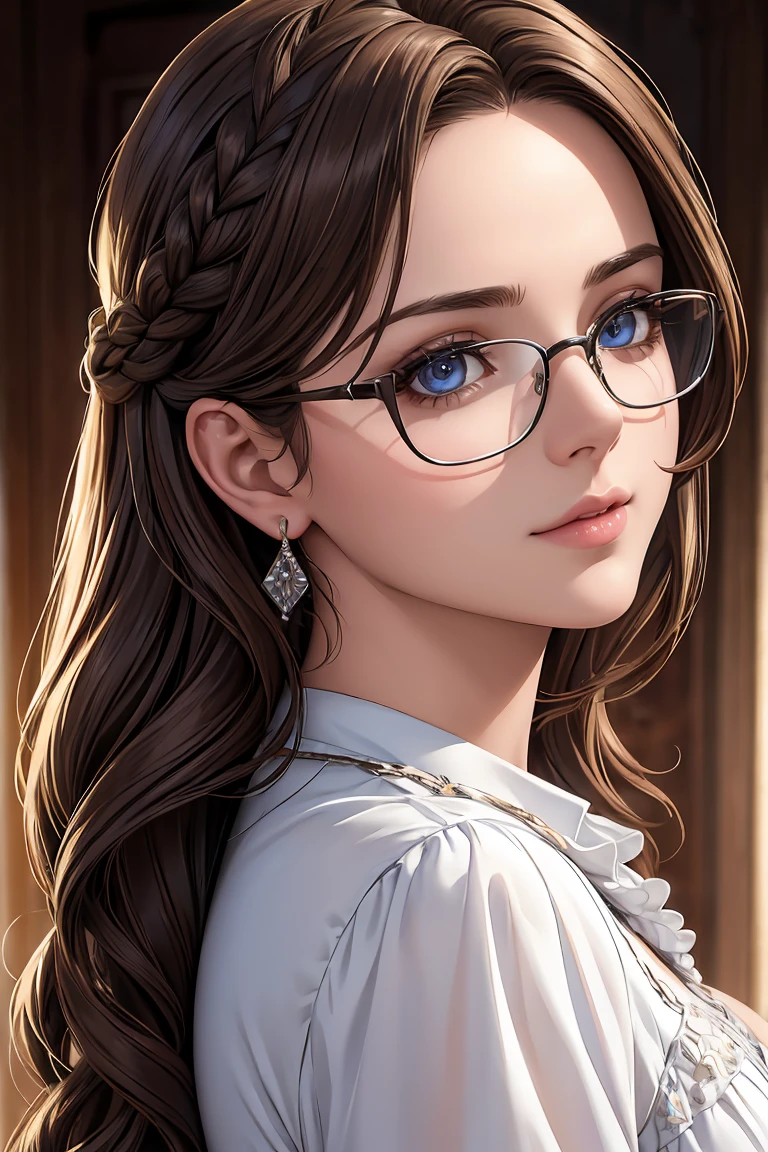 masterpiece, Best Quality, A high resolution, (Photorealistic:1.4), Detailed beautiful face, perfect face, detailed shining eyes, reflective eye pupils, Stunning European woman, detailed blouse, Super Cute, Gorgeous twin braided brown hair, glasses, detailed earrings, 8K resolution, Ultra-realistic, Ultra-detailed, high quality