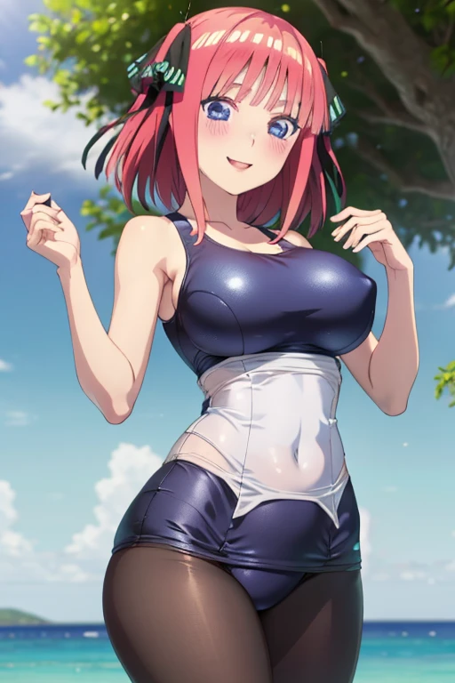 best quality, ultra-detailed masterpiece, anime art style, cute characters, nino nakano, one-piece swimsuit, large breasts, pantyhose, blush, smile