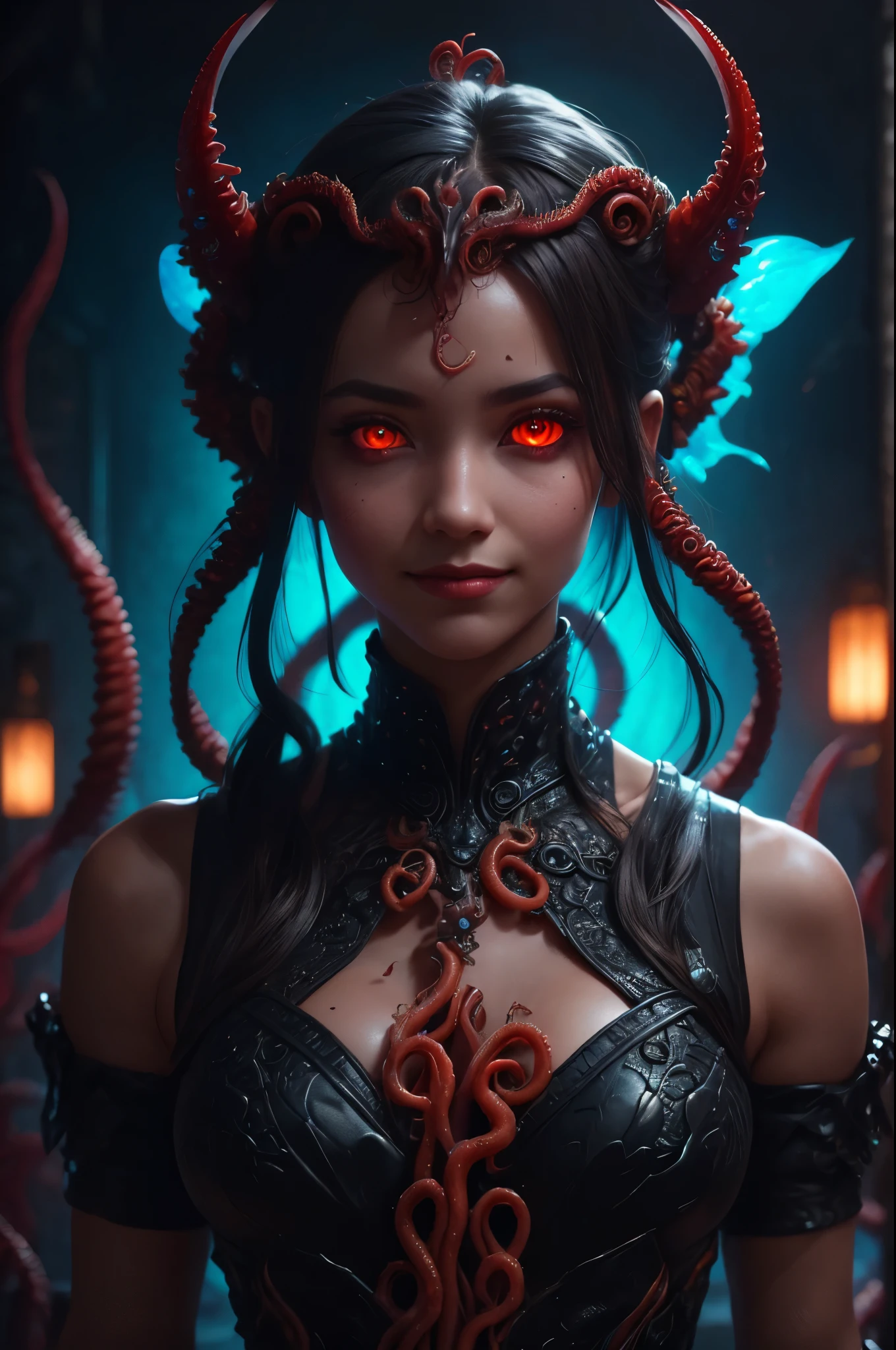 scary and sexy detailed art in color, Portrait, (beautiful and obscene female alien:1.4), (vulgarity1.5), (she has glowing red eyes with no pupils:1.8), (Translucent skin:1.7), ((There is a female genital-like organ in the middle of the forehead:1.9)), (The most beautiful face in the history of the universe:1.2),an evil gaze that seduces, (large mouth:1.1), (sharp teeth like a vampire:1.2), Full body portrait, (bio luminescent:1.5), (Smile wickedly:1.3), (sexypose:1.5), incredibly beautiful matured alien, (she has unparalleled beauty:1.5), No humans, cells are fused, (Lots of translucent tentacles:1.6) extraterrestrial, cell, bio image, best quality, 8K,In 4K_quality, High freshness, Dramatic Lighting, masterpiece:1.5, cinematic quality, detail up, (exquisite details:1.2), high resolution, High freshness, drawing faithfully, (Thick eyebrows:1.2), Beautiful eyes with fine symmetry, (Highly detailed face and eyes:1.2), (Super detailed skin quality feeling:1.1), perfect anatomy, (Beautiful toned body:1.5), (Moist skin:1.2), not wearing makeup, (dark circles:1.1), long canines, cinematic drawing of characters, ultra high quality model, cinematic quality, detail up, (exquisite details:1.2), high resolution, High freshness, drawing faithfully, official art, Unity 8K Wall , 8K Portrait, best quality, Very high resolution, ultra detailed artistic photography, midnight aura, unreal engine 5, Ultra Sharp Focus, art by Amano Yoshitaka, ArtGerm, Roisch, intricate artwork, best quality, masterpiece, ultra high resolution, (photos realistic:1.4), ultra realistic realism, dream-like, nautilus, Creation of fantasy, Snail, Dream Snail, (biopunk nautilus:1.3),Thrilling color schemes, ultra realistic realism, seductively smiling, (white tentacles with stripes:1.2), subtle emerald green accents, (expression of ecstasy:1.6) , in the dark, she has snake-like eyes
