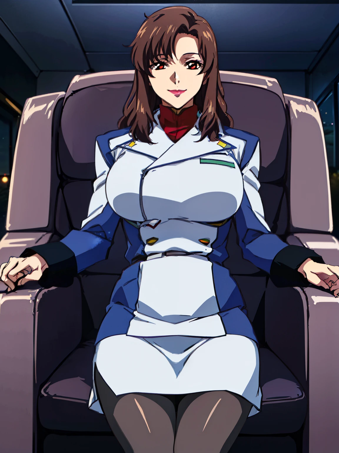 (Night:1.7), a space battleship in space, sitting on a White_armchair, military uniform, military,jacket,blue and white uniform,Skirt, (black_pantyhose:1.3), Murrue Ramius, mature woman, anime cels style, best quality, high resolution, 1girl, (huge breasts:1.2), beautiful face, Beautiful Finger, Beautiful long legs, Beautiful body, Beautiful Nose,Beautiful character design, bangs, brown hair, long hair, red eyes, lipstick, makeup, (cowboy shot), smiling, looking at viewer, pov from below