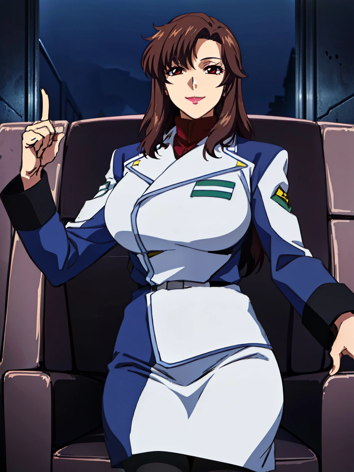 (Night:1.7), a space battleship in space, sitting on a White_armchair, military uniform, military,jacket,blue and white uniform,Skirt, (black_pantyhose:1.3), Murrue Ramius, mature woman, anime cels style, best quality, high resolution, 1girl, (huge breasts:1.2), beautiful face, Beautiful Finger, Beautiful long legs, Beautiful body, Beautiful Nose,Beautiful character design, bangs, brown hair, long hair, red eyes, lipstick, makeup, (cowboy shot), smiling, looking at viewer, pov from below