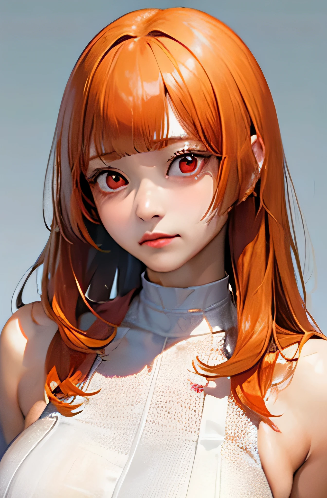 /*General image quality*/ (8k, RAW photo, best quality, masterpiece:1.2), ultra detailed, ultra high res, high-resolution,(realistic, photo realistic:1.4),depth of field, realistic shadow, caustics, natural shading, photon mapping, fine-textured, perfectly focused,
/*Detailed image quality*/ cinematic lighting, soft lighting, HDR, SIGMA 24 mm F/2.8, ISO 400, 1/125 sec shutter,an extremely delicate and beautiful, extremely detailed, 8k wallpaper, Amazing, finely detail, huge file size, extremely detailed CG, unity 8k wallpaper, official art, perfect artwork, production art,
BREAK
/*figure*/
1girl, (20 years old:1.2), cute girl, pretty girl, perfect idol, kawaii,realistic body, , gravure model,realistic skin texture, fair skin, shiny skin, slender body, good figure, gleaming skin,
BREAK
/*system*/
glamorous,tall,large breasts,
BREAK
/*Hairstyle*/
(((((blunt bangs))))),(((((orange hair))))),(((((straight hair))))),(((((long hair))))),
BREAK
/*eye*/
beautiful eyes,(((((red eyes))))),
BREAK
/*expression*/
(((((sad))))),
BREAK
/*Pause*/
arms behind back,
BREAK
/*angle*/
upper body,
REAK
/*place*/
white background,
BREAK
/*Brightness*/
sunlight,