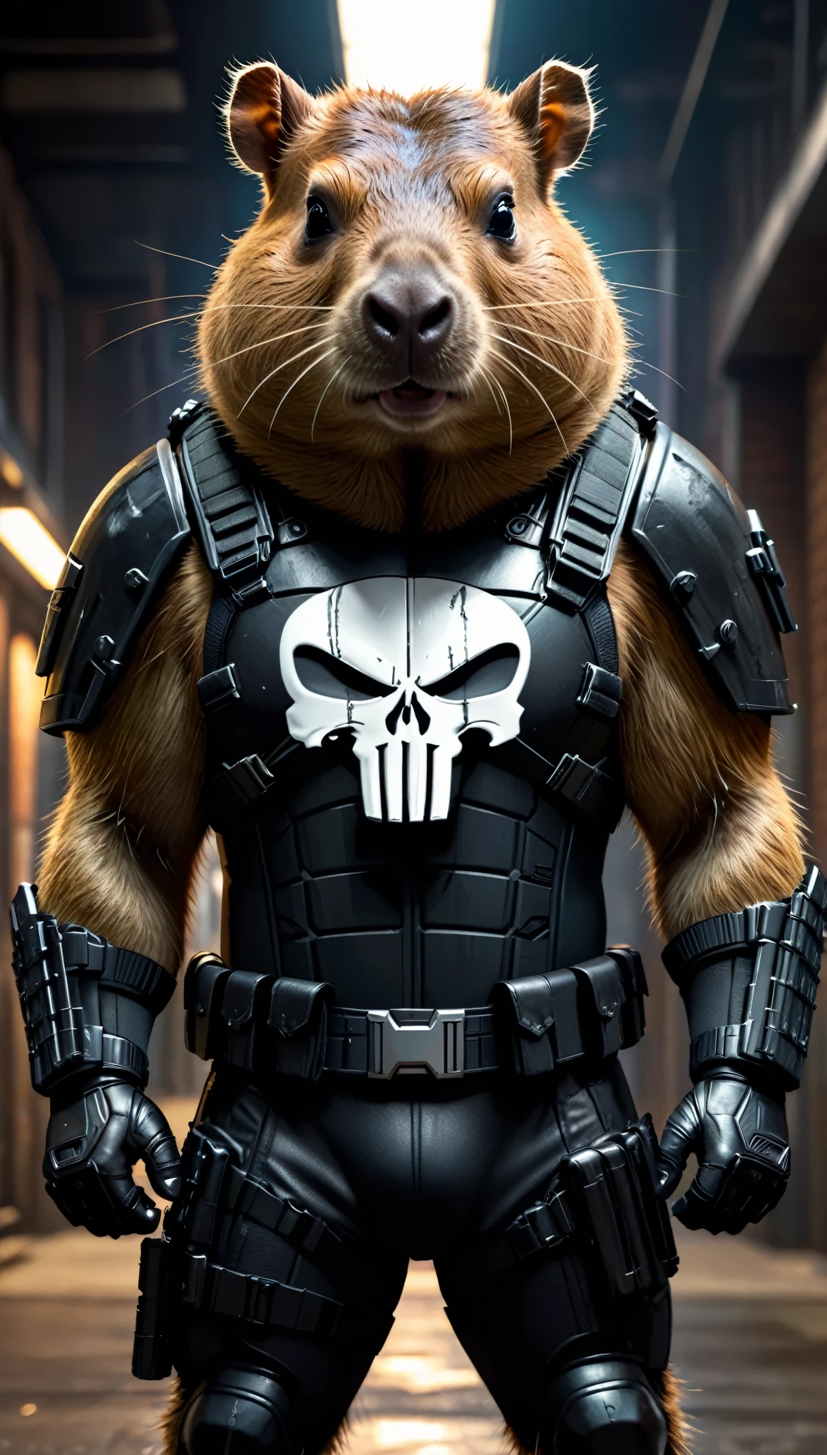capybara as punisher,Punisher outfit,Punisher logo on chest,body chest bullet-armor,(best quality,4k,8k,highres,masterpiece:1.2),ultra-detailed,(realistic,photorealistic,photo-realistic:1.37),HDR,UHD,studio lighting,extremely detailed eyes,sharp focus,vivid colors,portraits