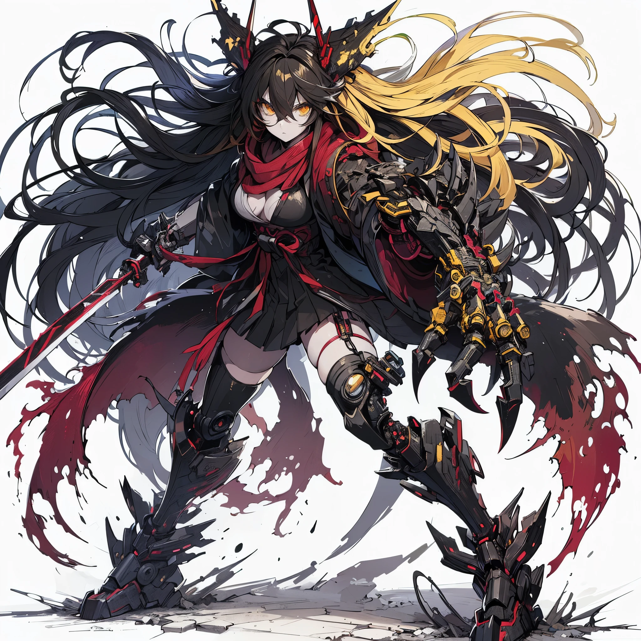 (Masterpiece, top quality), (detailed hair), super detailed, anime style, full body, solo, cyberpunk fighter girl, neck-length black-yellow hair, gold eyes, right hand converted to cybernetic terrifying claw. cyber-kimono, and torn red scarf, cyber horned, wearing tabi sandal, white background, whole body, standing in wasteland,