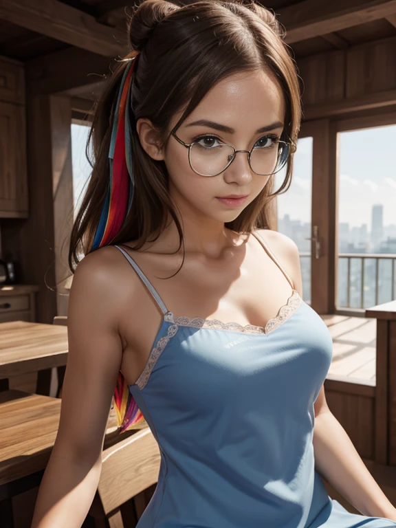 (Realistic、High resolution:1.3),alone, One Girl, masterpiece, highest quality, Very detailed, Cinema Lighting, Intricate details, High resolution, Official Art, Beautifully detailed face and eyes, High resolutionのイラスト, 8k, (Bun Head), Ash Brown Hair:1.3, Very thin body, ((Colorful camisole dress :1.3)) 、Single Blade, blue eyes, Glasses, Conceit, Sit on a chair, Upper Body, Big Breasts, Future City, Looking at the audience