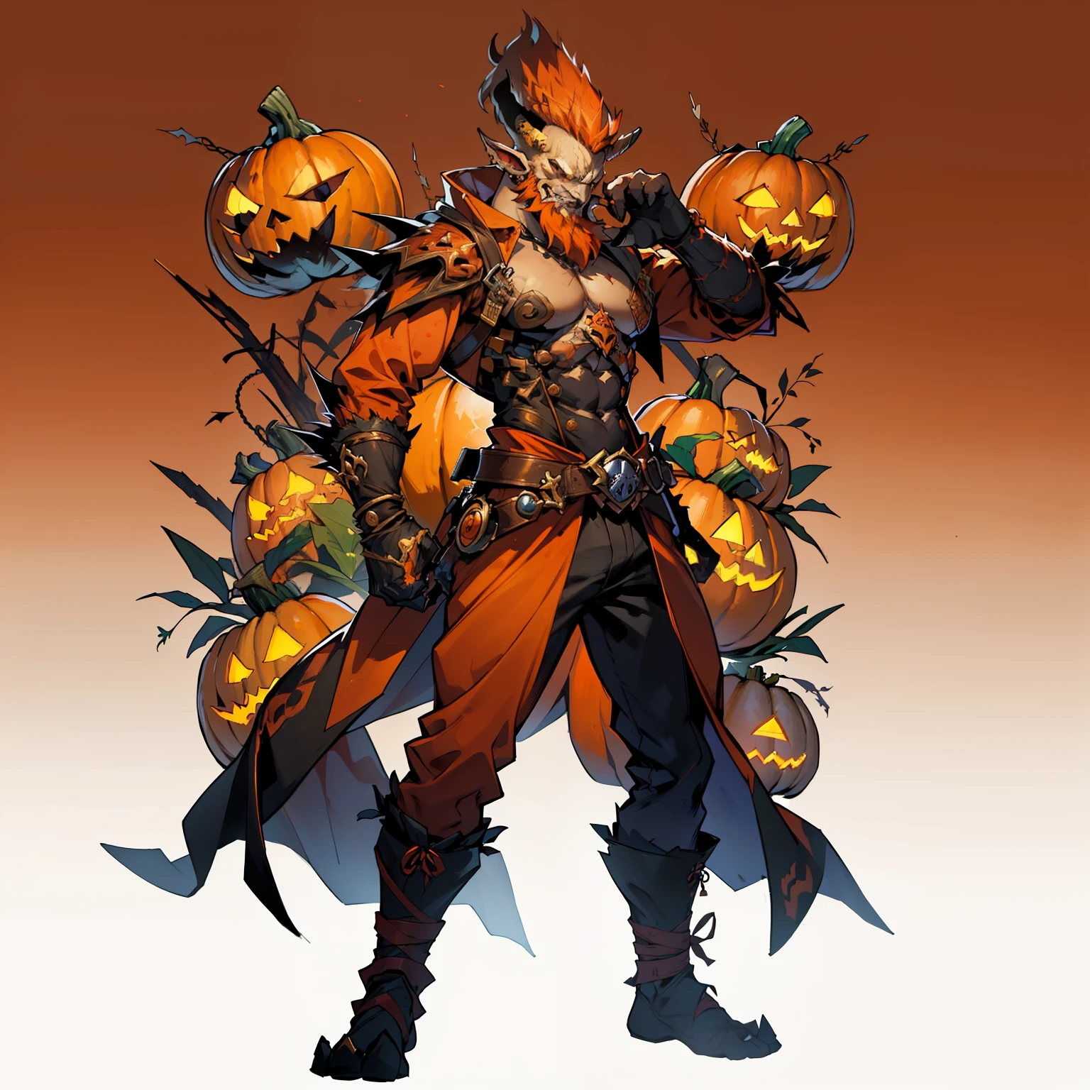 ((highest quality))、((masterpiece))、((Full body photo of a man))、((Very simple background))、(game character design)、Pumpkin anthropomorphic monster、monster design，soloist，(Pumpkin element outfit，Pumpkin garnish）、Manga style、Beastman、Pumpkin themed ornaments，solo、Combat Stance