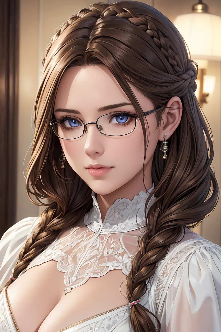 masterpiece, Best Quality, A high resolution, (Photorealistic:1.4), Detailed beautiful face, perfect face, detailed shining eyes, reflective eye pupils, Stunning European woman, detailed formal white dress, Super Cute, Gorgeous twin braided brown hair, glasses, detailed earrings, 8K resolution, Ultra-realistic, Ultra-detailed, high quality