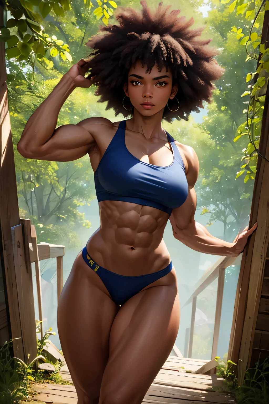 ((best quality)), ((masterpiece)), (detailed), perfect face, muscular woman, 8-pack, muscular thighs, extremely muscular, outdoors, afro, dark skin, glowing blue eyes,