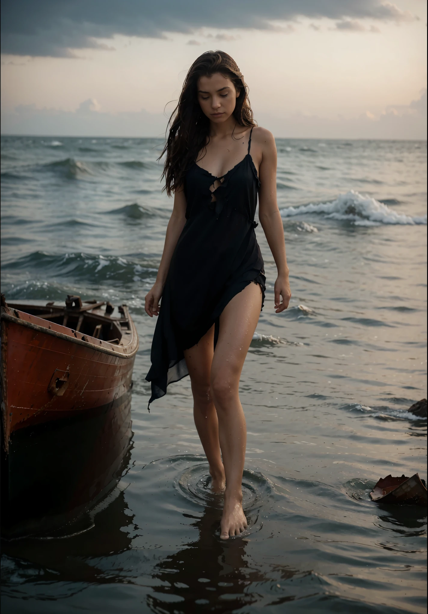 reference sheet: 1.8, great details, high quality, masterful work, a beautiful girl walks along the surface of the water at dusk, gloomy atmosphere, wet dress, gloomy background, River, stones, Dry trees, girl in a wet dress, barefoot, bare legs, got lost, girl in search, in a torn dress, torn clothes, torn fabric, pieces of cloth, came ashore after a shipwreck, shipwrecks float in the distance, wounds and abrasions on the body, walks and limps, in search of accommodation and food, a seriously wounded girl in scraps of dress and torn fabric, holds the wet hem of her dress with one hand, wounded body, seriously wounded girl can barely walk, boat from the side, ship wreck boat wreck