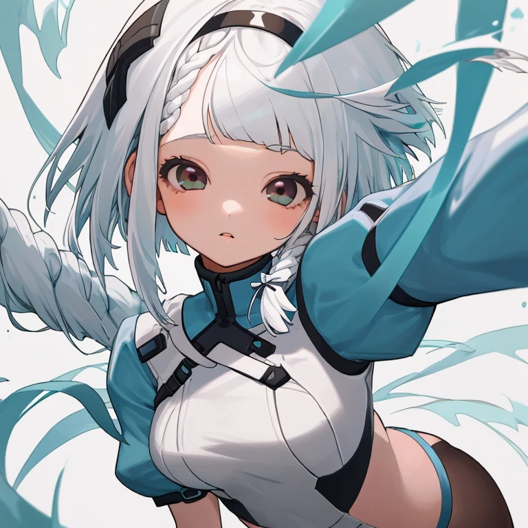 Girl, teen, thick horizontal bangs , white hair, short straight hair, long thin braids