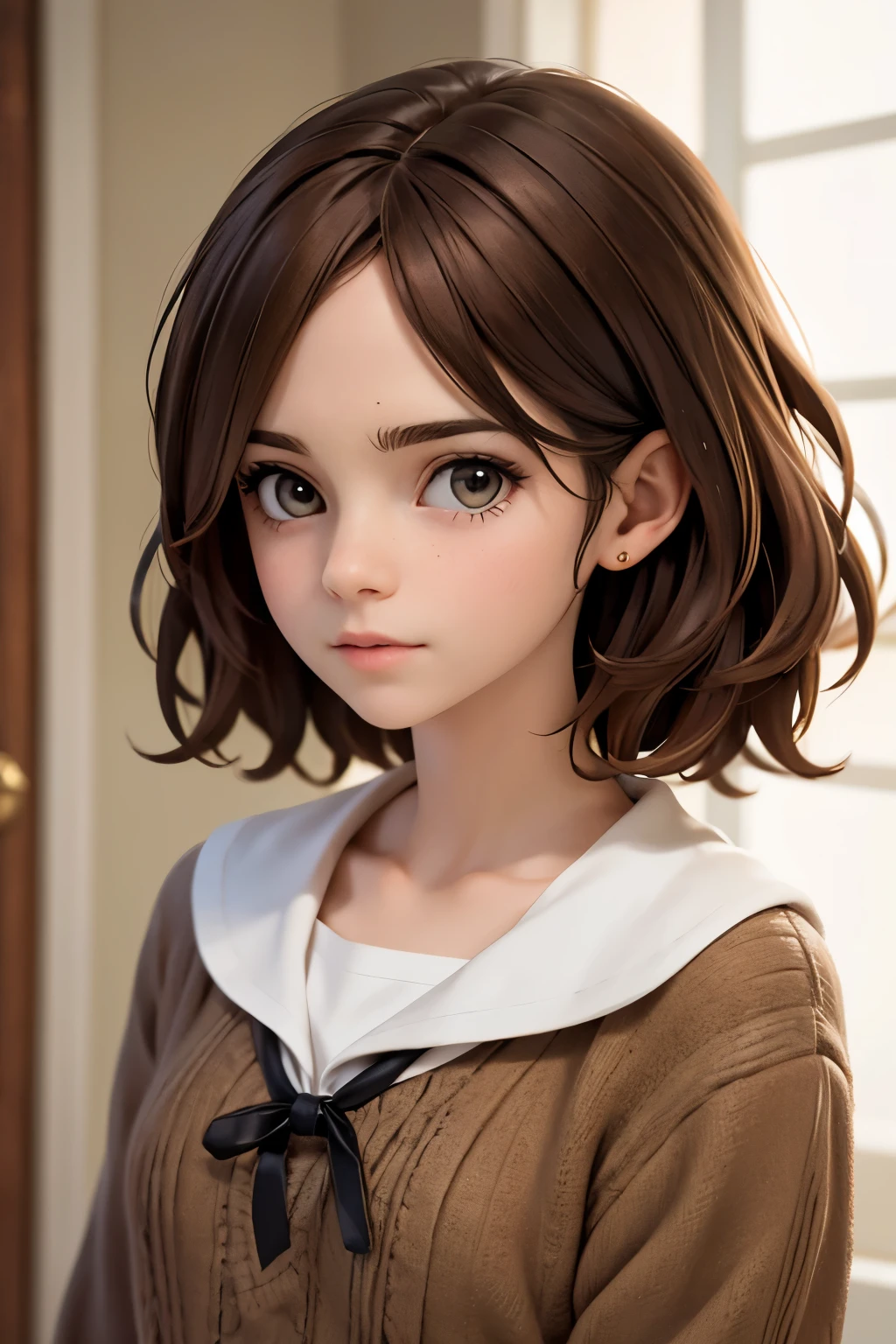 1girl, :d, bangs, beige sweater, blue sailor collar, breasts, fang, green eyes, large breasts, looking at viewer, medium breasts, neckerchief, open mouth, sailor collar, sidelocks, skin fang, sleeves past wrists, smile, solo, thick eyebrows, white background, white neckerchief