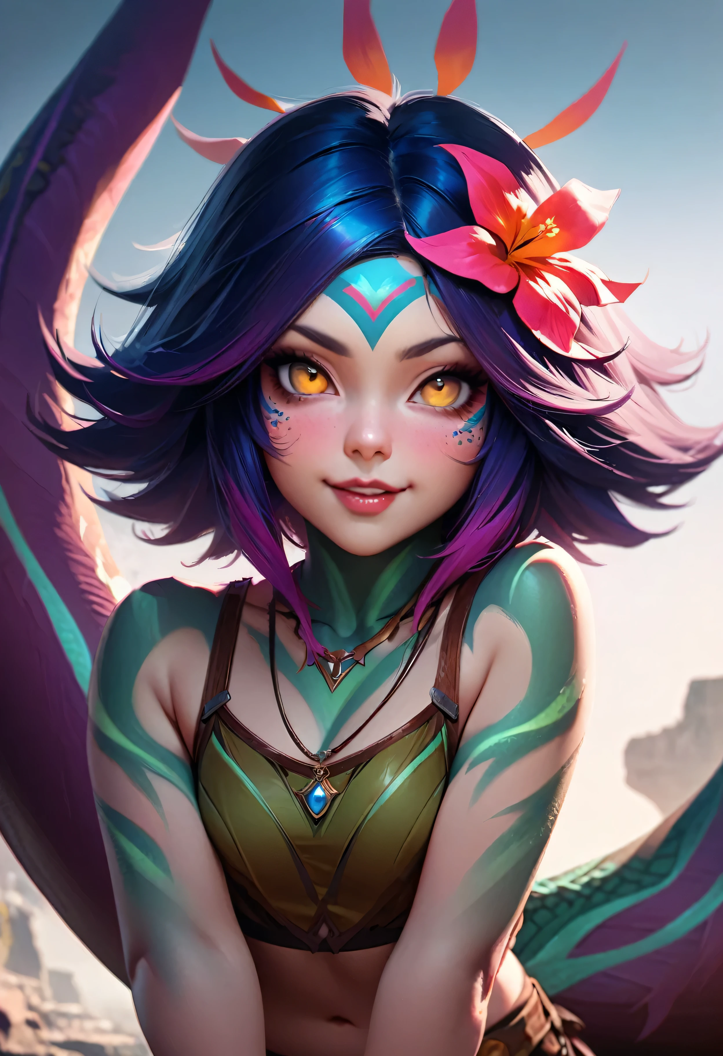 masterpiece,(best quality,top quality,8k),ultra detailed,illustration,painting,detailed eyes and face,(1girl),neeko, multicolored hair, colored skin,(short hair:1.1), facial mark, forehead mark, hair ornament, hair flower, necklace, brown crop top, Lizard tail, (naughty face),(looking at viewer ),(puffy eyes) ,good contrast , high sharpness,(gorgeous),realistic,RAW Photography,(hyperdetailed:1.2)