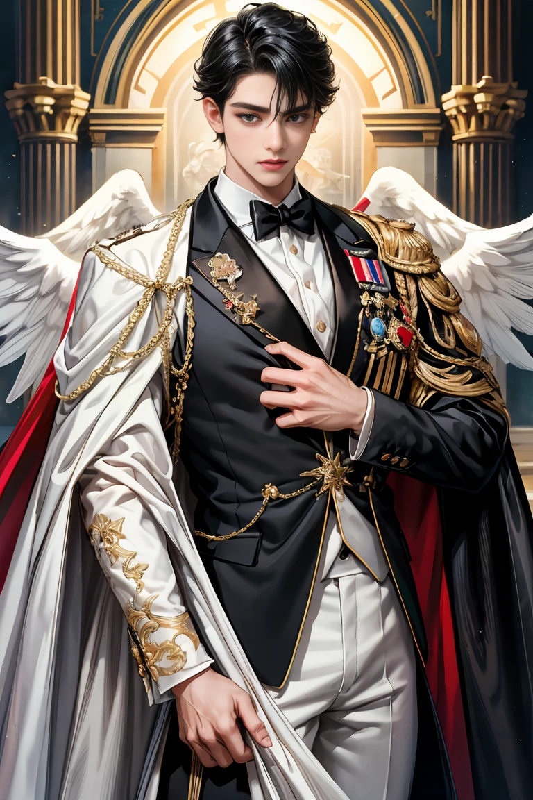 masterpiece, 最high quality, high quality, 1 boy, alone, Male focus, Watching the audience, Messy black hair, blue adorable big eyes, White, Noble, Noble, Beautiful angel、Tuxedo、A very large, very large, very large, very long red and black cape with a large stand-up collar that reaches down to the floor and is made of a lot of fabric., 16 years old,cute beautiful boy,cute cute handsome boy