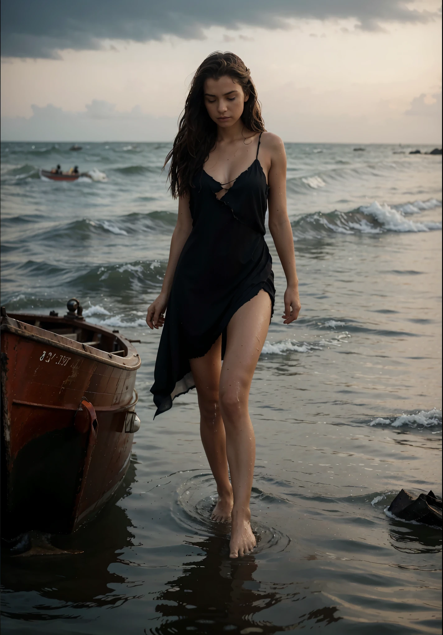 reference sheet: 1.8, great details, high quality, masterful work, a beautiful girl walks along the surface of the water at dusk, gloomy atmosphere, wet dress, gloomy background, River, stones, Dry trees, girl in a wet dress, barefoot, bare legs, got lost, girl in search, in a torn dress, torn clothes, torn fabric, pieces of cloth, came ashore after a shipwreck, shipwrecks float in the distance, wounds and abrasions on the body, walks and limps, in search of accommodation and food, a seriously wounded girl in scraps of dress and torn fabric, holds the wet hem of her dress with one hand, wounded body, seriously wounded girl can barely walk, boat from the side, ship wreck boat wreck