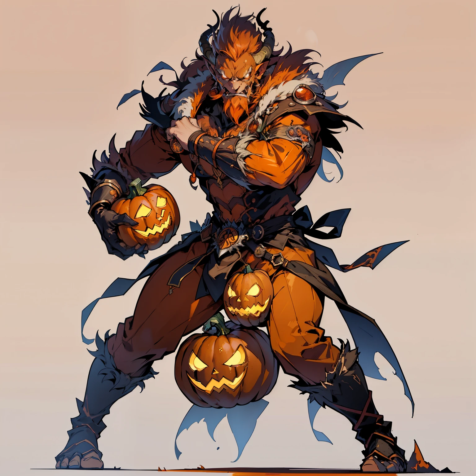 ((highest quality))、((masterpiece))、((Full body photo of a man))、((Very simple background))、(game character design)、Pumpkin anthropomorphic monster、monster design,soloist,(Pumpkin element outfit,Pumpkin garnish)、Manga style、Beastman、Pumpkin themed ornaments,solo、Combat Stance