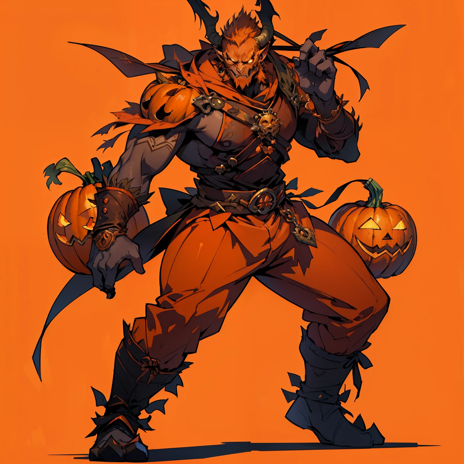 ((highest quality))、((masterpiece))、((Full body photo of a man))、((Very simple background))、(game character design)、Pumpkin anthropomorphic monster、monster design，soloist，(Pumpkin element outfit，Pumpkin garnish）、Manga style、Beastman、Pumpkin themed ornaments，solo、Combat Stance