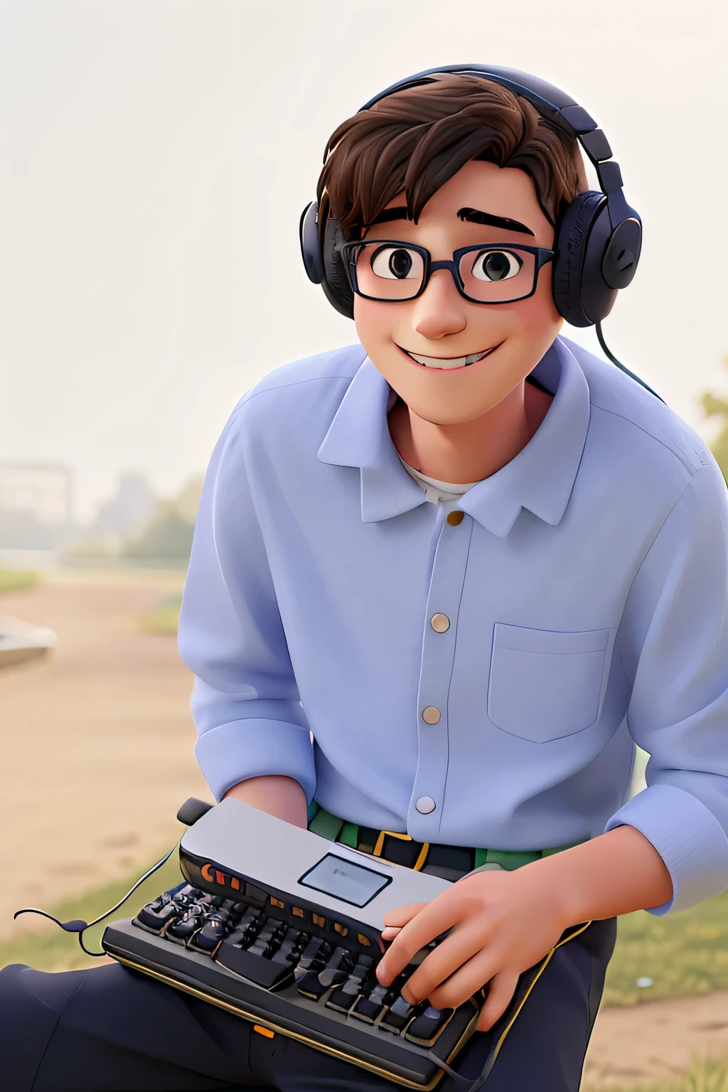 A boy with glasses in a park in front of a photo smiling, happy, wearing headphones, funky outfit