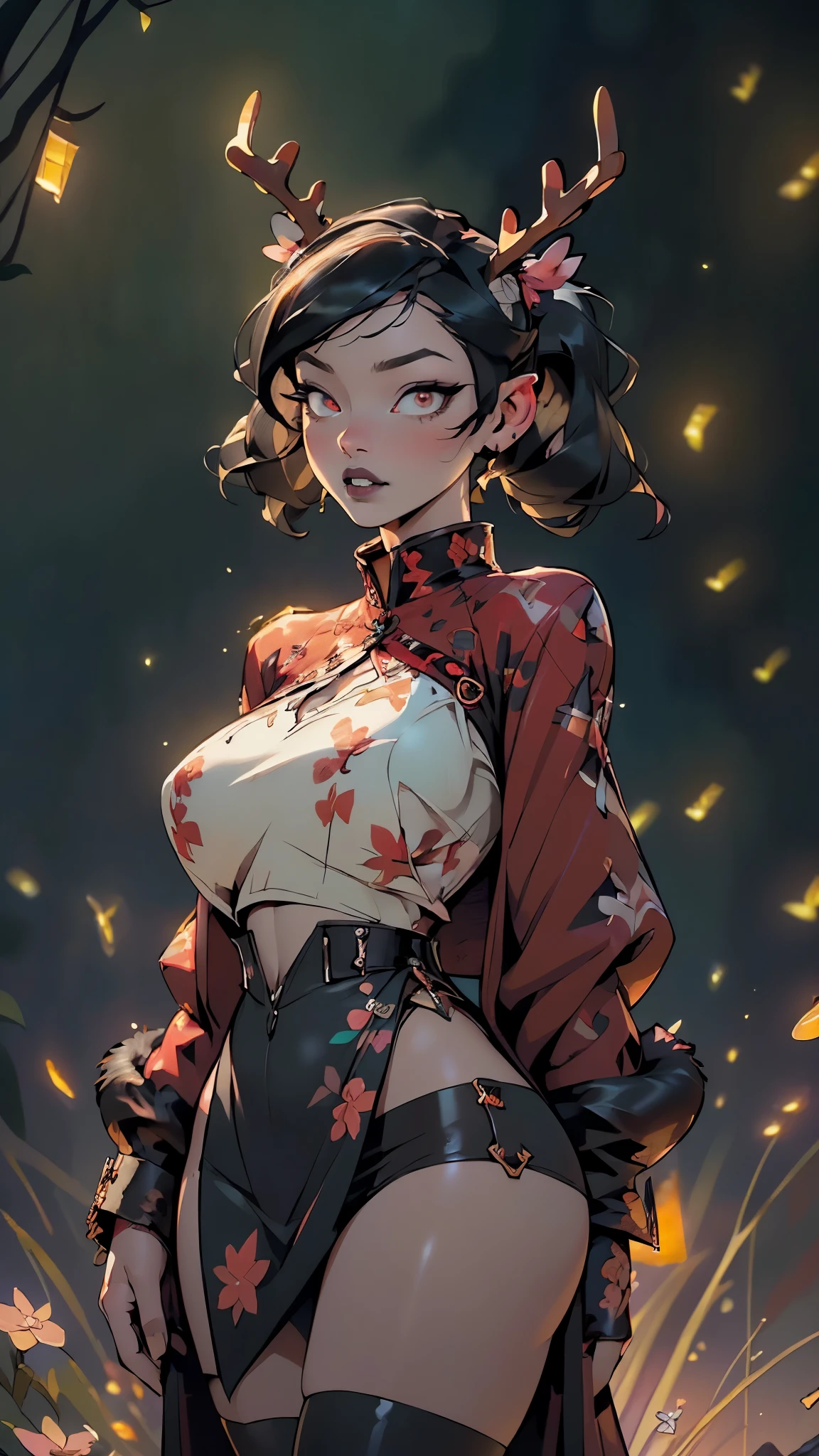gothic reindeer girl,(((1girl))),((extremely cute and beautiful black hair anime gothic reindeer girl)),
(((anthro furry:1.2), Playboy_Reindeer, reindeer_antlers,(huge antlers:1.5,dear antlers:1.5,blooming antlers:1.5))),(large breasts:1.4),saggy breasts,((((black hair twintails:1.35,large hair twintails,ear breathing)))),(((red_eyes:1.3))),intricate eyes,beautiful detailed eyes,symmetrical eyes,big eyes:1.5,(((lustrous skin:1.5,bright skin: 1.5,skin tanned,shiny skin,very shiny skin,shiny body,plastic glitter skin,exaggerated shiny skin,illuminated skin))),(spider lower abdomen,narrow waist,wide hip,athletic body,inflated legs,thick thighs,detailed body,(detailed face)),
cute,slutty,seductive,erotic,(((nsfw))),
zettai ryouiki,revealing clothing,show skin,(((Sexy goth fur coat, goth fur coat outfit,wearing a goth fur coat:1.3,dark red coat))),((red goth mini-skirt,red goth mini skirt,visible thong straps, navel)),((underpants strap)),(red gothic clothes,semi-naked,with little goth clothing),((((Black Eyeshadow,Thick Black Eyeliner,Long Dramatic Eyelashes,Black Lips))),(((intricate outfit,intricate clothes,embroidered outfit,ornate outfit))),
(dynamic pose:1.0),embarrassed,(centered,scale to fit dimensions,Rule of thirds),
((((many fireflies,fireflies,glowing fireflies,fireflies in the background)))),
((deep and dark cavern)),(mysterious lights in the background, stalagmites, stalactites),scenery:1.25,intricate scenery,((deep and dark cavern background)),
(Glossy ornaments),highres,sharp focus,(ultra detailed,extremely detailed),(photorealistic artwork:1.37),(extremely detailed CG unity 8k wallpaper),(((vibrant colors,vibrant theme))),(intricate),(masterpiece),(best quality),artistic photography,(photography taken by sldr),(intricate background),perfect rendered face,perfect face details,realistic face,photo realistic,((intricate detail)),(((realism))),