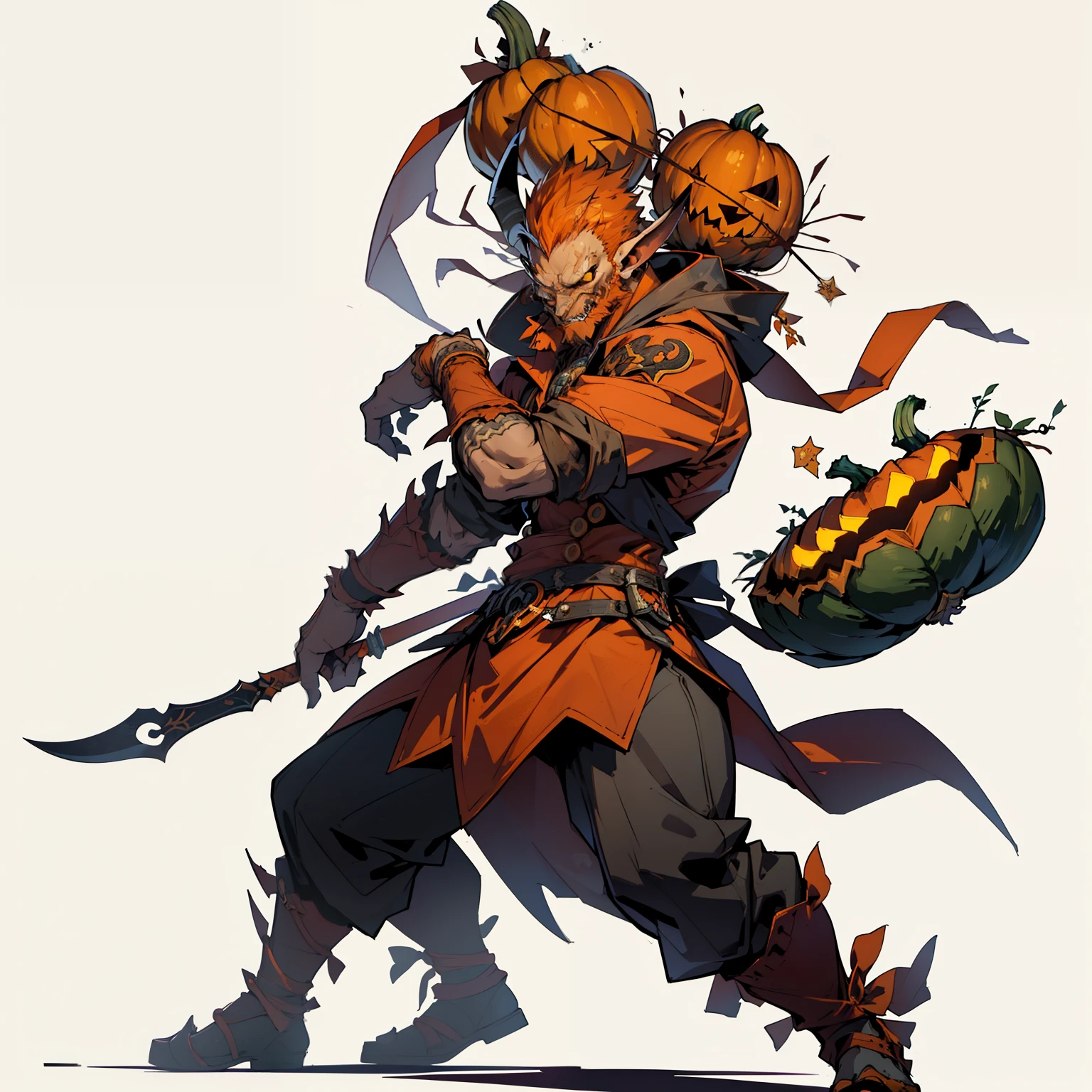 ((highest quality))、((masterpiece))、((Full body photo of a man))、((Very simple background))、(game character design)、Pumpkin anthropomorphic monster、monster design，soloist，(Pumpkin element outfit，Pumpkin garnish）、Manga style、Beastman、Pumpkin themed ornaments，solo、Combat Stance