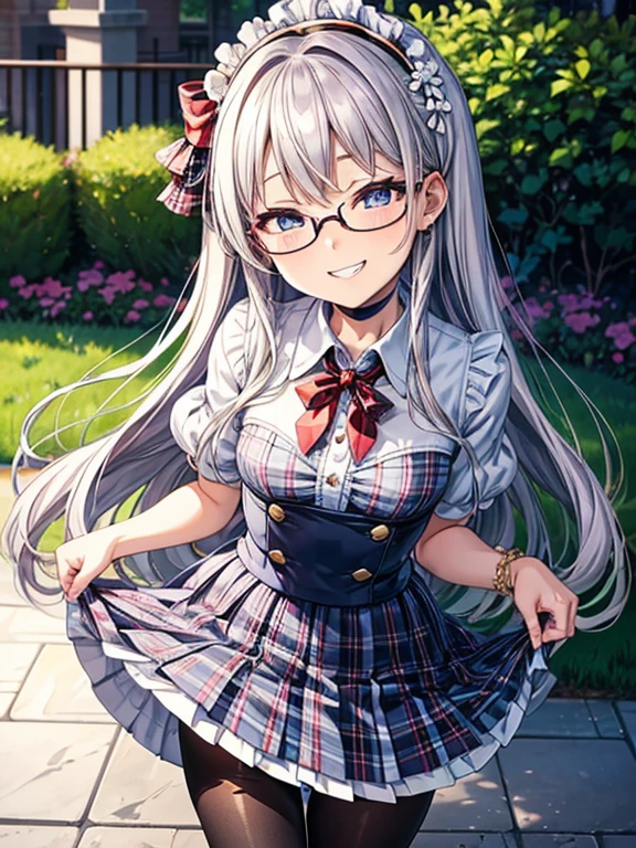 ((highest quality)), ((masterpiece)), (detailed), (Character Focus、breast focus,whole body), Anime 2D Rendering, Realistic young anime woman,
Five Fingers, Perfect Face, Beautiful fine details, Beautiful body, Beautiful thighs, (Small breasts)、Beautiful feet, White beautiful skin, 、 16-year-o giGoldeair、(Long Hair), Sparkling blue eyes、double eyelid、
((Collared short-sleeved shirt, White shirt, Blue plaid pleated skirt, Blue tie))、(Black Pantyhose、loafers)、Earrings、(Red-rimmed glasses:1.2)、(Black choker:1.2)、
Wicked Smile、((Grin))、A pretty face and a charming smile，Turn your face and body towards the viewer、Sexy pose、Are standing、garden、