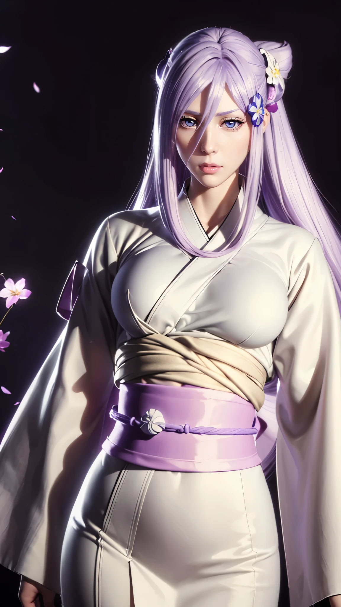 (((完美figure,figure,solo, (((japanese clothes, kimono, sash, obi, ))),(((sode no shirayuki, long hair, blue eyes, hair ornament, purple hair, flower, hair flower, light purple hair,))),((masterpiece)),high resolution, ((Best quality at best)),masterpiece,quality,Best quality,((( Exquisite facial features,Looking at the audience,There is light in the eyes,(((lol,confidence))),))),型figure:1.7))),(((Light and shadow,Huge breasts))),(((Looking at the camera,black background,)))