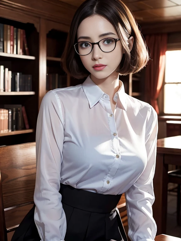 (Realistic、High resolution:1.3),alone, One Girl, masterpiece, highest quality, Very detailed, Cinema Lighting, Intricate details, High resolution, Official Art, Beautifully detailed face and eyes, High resolutionのイラスト, 8k, (Short Bob Hair), Ash Brown Hair:1.3, Very thin body, ((Long skirt、Black blouse :1.3)) 、Single Blade, blue eyes, Glasses, Conceit, Sit on a chair, Upper Body, Big Breasts, White shirt, Book_stack, library, ((vine)), Looking at the audience