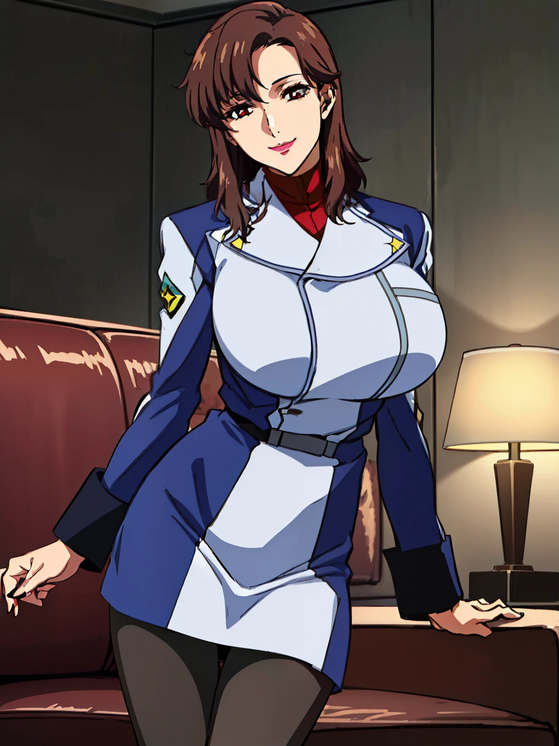 (livingroom background), sexy pose, military uniform, military,jacket,blue and white uniform,Skirt, (black_pantyhose:1.3), Murrue Ramius, mature woman, anime cels style, best quality, high resolution, 1girl, (huge breasts:1.2), beautiful face, Beautiful Finger, Beautiful long legs, Beautiful body, Beautiful Nose,Beautiful character design, bangs, brown hair, long hair, red eyes, lipstick, makeup, (cowboy shot), smiling, looking at viewer