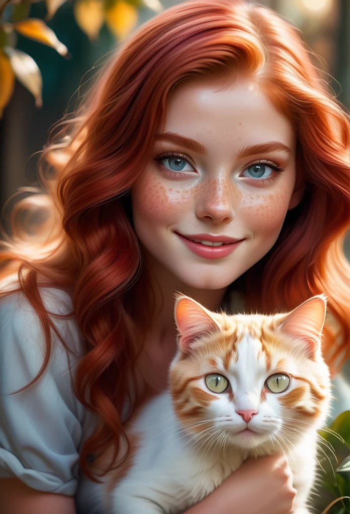 red-haired girl, red cat,ultra-detailed, (best quality, masterpieces:1.2), (photorealistic:1.37),(long, luscious, flowing:1.1) red hair, beautiful detailed eyes, young girl, adorable freckles, rosy cheeks, nose, dainty lips, sparkling eyes, lovely smile, matching outfits, delicate features, warm color palette, soft lighting, playful cat, curious expressions, vivid colors, sharp focus, bokeh effect, raw photo, sunlit garden, masterful brushstrokes, meticulous attention to detail, picturesque scenery, impeccable rendering, precise shading, dynamic composition, realistic textures, epic scale, impressive visual impact (sharpnes:1,2), 