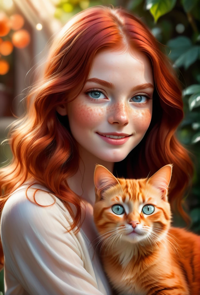 red-haired girl, red cat,ultra-detailed, (best quality, masterpieces:1.2), (photorealistic:1.37),(long, luscious, flowing:1.1) red hair, beautiful detailed eyes, young girl, adorable freckles, rosy cheeks, nose, dainty lips, sparkling eyes, lovely smile, matching outfits, delicate features, warm color palette, soft lighting, playful cat, curious expressions, vivid colors, sharp focus, bokeh effect, raw photo, sunlit garden, masterful brushstrokes, meticulous attention to detail, picturesque scenery, impeccable rendering, precise shading, dynamic composition, realistic textures, epic scale, impressive visual impact (sharpnes:1,2),