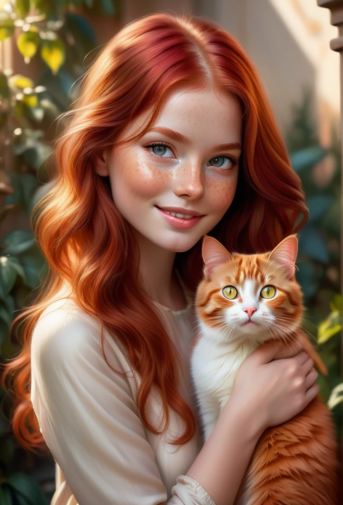 red-haired girl, red cat,ultra-detailed, (best quality, masterpieces:1.2), (photorealistic:1.37),(long, luscious, flowing:1.1) red hair, beautiful detailed eyes, young girl, adorable freckles, rosy cheeks, nose, dainty lips, sparkling eyes, lovely smile, matching outfits, delicate features, warm color palette, soft lighting, playful cat, curious expressions, vivid colors, sharp focus, bokeh effect, raw photo, sunlit garden, masterful brushstrokes, meticulous attention to detail, picturesque scenery, impeccable rendering, precise shading, dynamic composition, realistic textures, epic scale, impressive visual impact (sharpnes:1,2), 