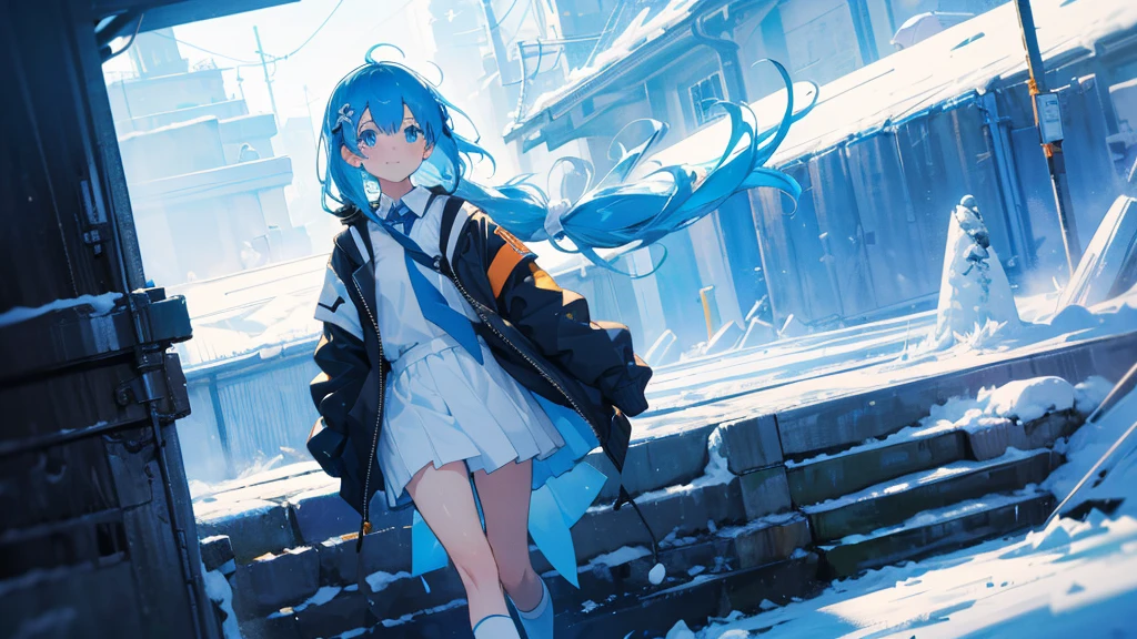 ((top-quality)), ((masterpiece)), ((ultra-detailliert)), (extremely delicate and beautiful), girl with, solo, cold attitude,((Black jacket)),She is very(relax)with  the(Settled down)Looks,A dark-haired, depth of fields,evil smile,Bubble, under the water, Air bubble,bright light blue eyes,Inner color with light blue hair and dark blue tips,Cold background,Bob Hair - Linear Art, shortpants、knee high socks、White uniform like 、Light blue ribbon ties、Clothes are sheer、Hands in pockets