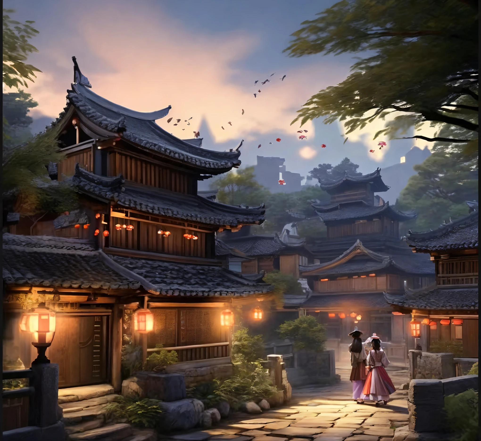 A quiet ancient town,The quaint houses with tiled roofs and wooden structures are lined up along the stone streets.,Red lanterns hanging in front of the door。Surrounded by lush ancient trees and bamboo forests,The wind blows,The leaves and notes are floating in the air。far away,The afterglow of the setting sun shines on the small town,Create a quiet atmosphere。