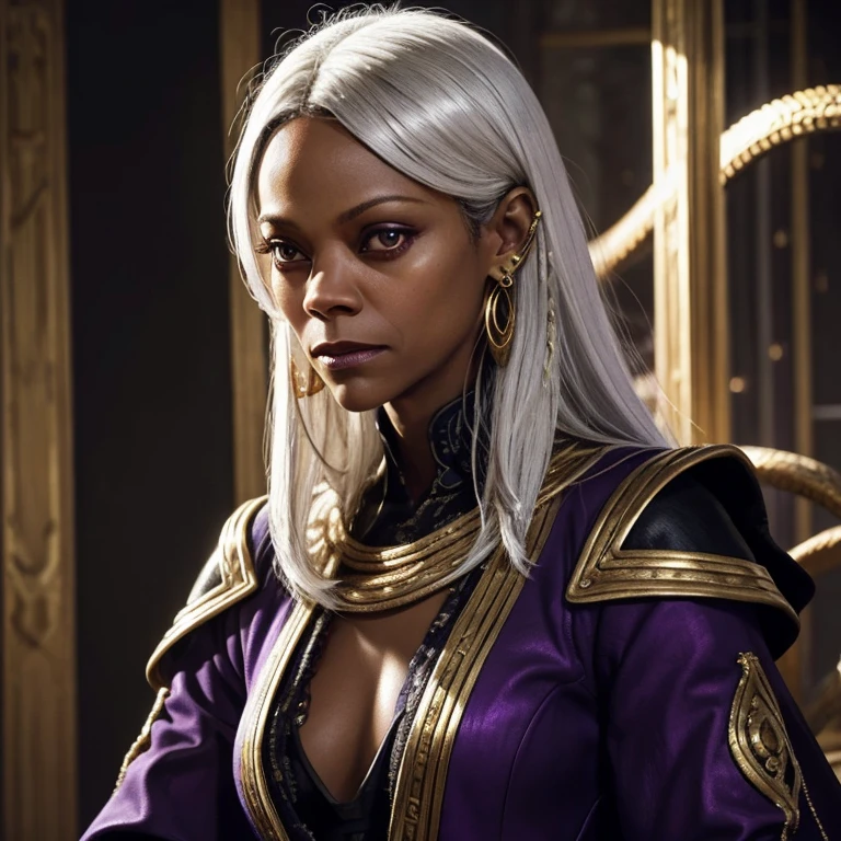 Zoe Saldana, A  with a leash of straight white hair, dark skin, Latin ancestry, purple irises, wearing a black tatical suit with golden threads and wearing golden earrings shaped like snakes. Detailed eyes, detailed face, intricate grunge outfits, cinematic lighting, realistic concept art of strong backlighting.